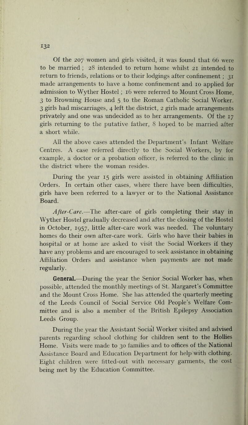 Of the 207 women and girls visited, it was found that 66 were to be married ; 28 intended to return home whilst 21 intended to return to friends, relations or to their lodgings after confinement ; 31 made arrangements to have a home confinement and 10 applied for admission to Wyther Hostel; 16 were referred to Mount Cross Home, 3 to Browning House and 5 to the Roman Catholic Social Worker. 3 girls had miscarriages, 4 left the district, 2 girls made arrangements privately and one was undecided as to her arrangements. Of the 17 girls returning to the putative father, 8 hoped to be married after a short while. All the above cases attended the Department’s Infant Welfare Centres. A case referred directly to the Social Workers, by for example, a doctor or a probation officer, is referred to the clinic in the district where the woman resides. During the year 15 girls were assisted in obtaining Affiliation Orders. In certain other cases, where there have been difficulties, girls have been referred to a lawyer or to the National Assistance Board. After-Care.—The after-care of girls completing their stay in Wyther Hostel gradually decreased and after the closing of the Hostel in October, 1957, little after-care work was needed. The voluntary homes do their own after-care work. Girls who have their babies in hospital or at home are asked to visit the Social Workers if they have an)7 problems and are encouraged to seek assistance in obtaining Affiliation Orders and assistance when payments are not made regularly. General.—During the year the Senior Social Worker has, when possible, attended the monthly meetings of St. Margaret’s Committee and the Mount Cross Home. She has attended the quarterly meeting of the Leeds Council of Social Service Old People’s Welfare Com¬ mittee and is also a member of the British Epilepsy Association Leeds Group. During the year the Assistant Social Worker visited and advised parents regarding school clothing for children sent to the Hollies Home. Visits were made to 30 families and to offices of the National Assistance Board and Education Department for help with clothing. Eight children were fitted-out with necessary garments, the cost being met by the Education Committee.