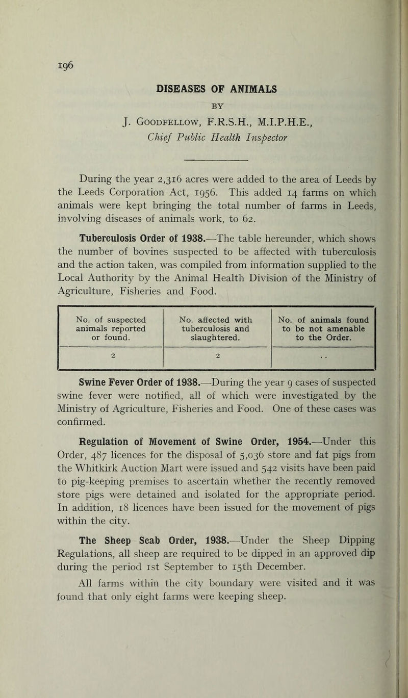 DISEASES OF ANIMALS BY J. Goodfellow, F.R.S.H., M.I.P.H.E., Chief Public Health Inspector During the year 2,316 acres were added to the area of Leeds by the Leeds Corporation Act, 1956. This added 14 farms on which animals were kept bringing the total number of farms in Leeds, involving diseases of animals work, to 62. Tuberculosis Order of 1938.—The table hereunder, which shows the number of bovines suspected to be affected with tuberculosis and the action taken, was compiled from information supplied to the Local Authority by the Animal Health Division of the Ministry of Agriculture, Fisheries and Food. No. of suspected animals reported or found. No. affected with tuberculosis and slaughtered. No. of animals found to be not amenable to the Order. 2 2 Swine Fever Order of 1938.—During the year 9 cases of suspected swine fever were notified, all of which were investigated by the Ministry of Agriculture, Fisheries and Food. One of these cases was confirmed. Regulation of Movement of Swine Order, 1954.—Under this Order, 487 licences for the disposal of 5,036 store and fat pigs from the Whitkirk Auction Mart were issued and 542 visits have been paid to pig-keeping premises to ascertain whether the recently removed store pigs were detained and isolated for the appropriate period. In addition, 18 licences have been issued for the movement of pigs within the city. The Sheep Scab Order, 1938.—Under the Sheep Dipping Regulations, all sheep are required to be dipped in an approved dip during the period 1st September to 15th December. All farms within the city boundary were visited and it was found that only eight farms were keeping sheep.