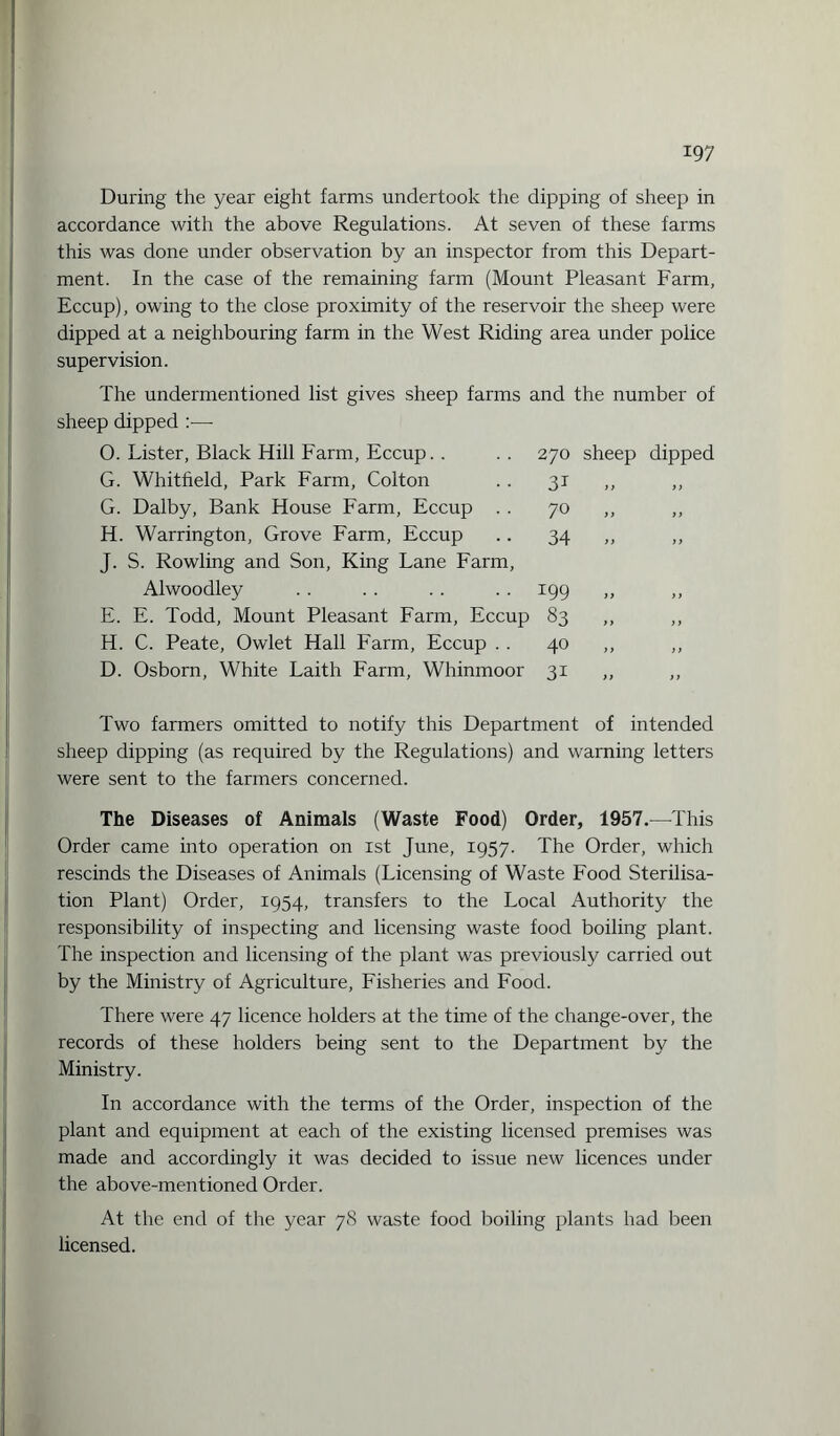 During the year eight farms undertook the dipping of sheep in accordance with the above Regulations. At seven of these farms this was done under observation by an inspector from this Depart¬ ment. In the case of the remaining farm (Mount Pleasant Farm, Eccup), owing to the close proximity of the reservoir the sheep were dipped at a neighbouring farm in the West Riding area under police supervision. The undermentioned list gives sheep farms and the number of sheep dipped O. Lister, Black Hill Farm, Eccup. . G. Whitfield, Park Farm, Colton G. Dalby, Bank House Farm, Eccup H. Warrington, Grove Farm, Eccup J. S. Rowling and Son, King Lane Farm, Alwoodley . . . . . . .. 199 E. E. Todd, Mount Pleasant Farm, Eccup 83 H. C. Peate, Owlet Hall Farm, Eccup . . 40 D. Osborn, White Laith Farm, Whinmoor 31 270 sheep dipped 31 70 „ 34 „ Two farmers omitted to notify this Department of intended sheep dipping (as required by the Regulations) and warning letters were sent to the farmers concerned. The Diseases of Animals (Waste Food) Order, 1957.—This Order came into operation on 1st June, 1957. The Order, which rescinds the Diseases of Animals (Licensing of Waste Food Sterilisa¬ tion Plant) Order, 1954, transfers to the Local Authority the responsibility of inspecting and licensing waste food boiling plant. The inspection and licensing of the plant was previously carried out by the Ministry of Agriculture, Fisheries and Food. There were 47 licence holders at the time of the change-over, the records of these holders being sent to the Department by the Ministry. In accordance with the terms of the Order, inspection of the plant and equipment at each of the existing licensed premises was made and accordingly it was decided to issue new licences under the above-mentioned Order. At the end of the year 78 waste food boiling plants had been licensed.