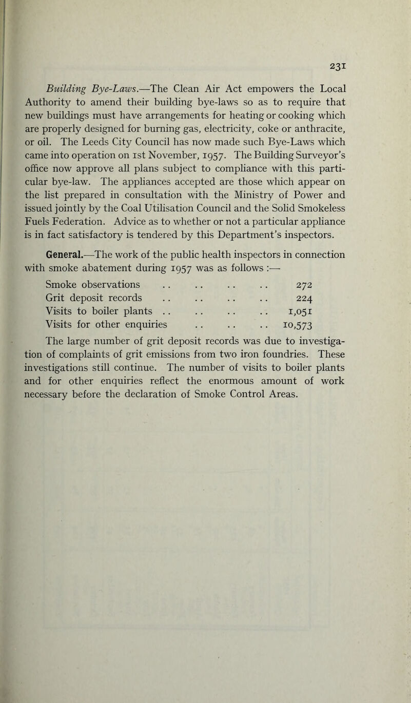 Building Bye-Laws.—The Clean Air Act empowers the Local Authority to amend their building bye-laws so as to require that new buildings must have arrangements for heating or cooking which are properly designed for burning gas, electricity, coke or anthracite, or oil. The Leeds City Council has now made such Bye-Laws which came into operation on ist November, 1957. The Building Surveyor’s office now approve all plans subject to compliance with this parti¬ cular bye-law. The appliances accepted are those which appear on the list prepared in consultation with the Ministry of Power and issued jointly by the Coal Utilisation Council and the Solid Smokeless Fuels Federation. Advice as to whether or not a particular appliance is in fact satisfactory is tendered by this Department’s inspectors. General.—The work of the public health inspectors in connection with smoke abatement during 1957 was as follows :— Smoke observations 272 Grit deposit records 224 Visits to boiler plants 1,051 Visits for other enquiries • 10,573 The large number of grit deposit records was due to investiga- tion of complaints of grit emissions from two iron foundries. These investigations still continue. The number of visits to boiler plants and for other enquiries reflect the enormous amount of work necessary before the declaration of Smoke Control Areas.