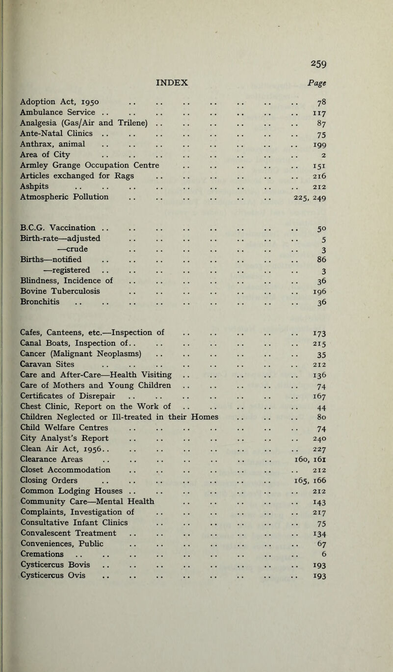 INDEX Page Adoption Act, 1950 .. .. .. .. .. .. .. 78 Ambulance Service .. .. .. .. .. .. .. .. 117 Analgesia (Gas/Air and Trilene) .. .. .. .. .. .. 87 Ante-Natal Clinics .. .. .. .. .. .. .. .. 75 Anthrax, animal .. .. .. .. .. .. .. .. 199 Area of City .. .. .. .. .. .. .. .. 2 Armley Grange Occupation Centre .. .. .. .. .. 151 Articles exchanged for Rags .. .. .. .. .. .. 216 Ashpits .. .. .. .. .. .. .. .. 212 Atmospheric Pollution .. .. .. .. .. .. 225, 249 B.C.G. Vaccination .. .. .. .. .. .. .. .. 50 Birth-rate—adjusted .. .. .. .. .. .. .. 5 —crude .. .. .. .. .. .. .. 3 Births—notified .. .. .. .. .. .. .. .. 86 —registered .. .. .. .. .. .. .. .. 3 Blindness, Incidence of .. .. .. .. .. .. .. 36 Bovine Tuberculosis .. .. .. .. .. .. .. 196 Bronchitis .. .. .. .. .. .. .. .. .. 36 Cafes, Canteens, etc.—Inspection of .. .. .. .. .. 173 Canal Boats, Inspection of.. .. .. .. .. .. .. 215 Cancer (Malignant Neoplasms) .. .. .. .. .. .. 35 Caravan Sites .. .. .. .. .. .. .. .. 212 Care and After-Care—Health Visiting .. .. .. .. .. 136 Care of Mothers and Young Children .. .. .. .. .. 74 Certificates of Disrepair .. .. .. .. .. .. .. 167 Chest Clinic, Report on the Work of .. .. .. .. 44 Children Neglected or Ill-treated in their Homes .. .. .. 80 Child Welfare Centres .. .. .. .. .. .. .. 74 City Analyst’s Report .. .. .. .. .. .. .. 240 Clean Air Act, 1956.. .. .. .. .. .. .. .. 227 Clearance Areas .. .. .. .. .. .. .. 160, 161 Closet Accommodation .. .. .. .. .. .. .. 212 Closing Orders .. .. .. .. .. .. .. 165, 166 Common Lodging Houses .. .. .. .. .. .. .. 212 Community Care—Mental Health .. .. .. .. .. 143 Complaints, Investigation of .. .. .. .. .. .. 217 Consultative Infant Clinics .. .. .. .. .. .. 75 Convalescent Treatment .. .. .. .. .. .. .. 134 Conveniences, Public .. .. .. .. .. .. .. 67 Cremations .. .. .. .. .. .. .. .. .. 6 Cysticercus Bovis .. .. .. .. .. .. .. .. 193 Cysticercus Ovis .. .. .. .. .. .. .. .. 193