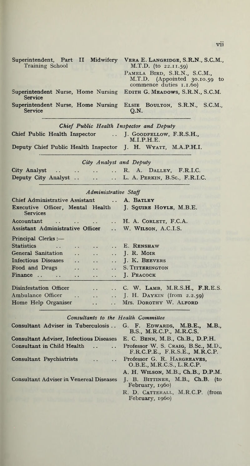 Vll Superintendent, Part Training School II Midwifery Superintendent Nurse, Home Nursing Service Superintendent Nurse, Home Nursing Service Vera E. Langridge, S.R.N., S.C.M., M.T.D. (to 22.11.59) Pamela Bird, S.R.N., S.C.M., M.T.D. (Appointed 30.10.59 to commence duties 1.1.60) Edith G. Meadows, S.R.N., S.C.M. Elsie Boulton, Q.N. S.R.N., S.C.M., Chief Public Health Inspector and Deputy Chief Public Health Inspector .. J. Goodfellow, F.R.S.H., M.I.P.H.E. Deputy Chief Public Health Inspector J. H. Wyatt, M.A.P.H.I. City Analyst and Deputy City Analyst R. A. Dalley, F.R.I.C. Deputy City Analyst .. L. A. Perkin, B.Sc., F.R.I.C. Administrative Staff Chief Administrative Assistant A. Batley Executive Officer, Mental Health J. Squire Hoyle, M.B.E. Services Accountant H. A. Corlett, F.C.A. Assistant Administrative Officer W. Wilson, A.C.I.S. Principal Clerks:— Statistics E. Renshaw General Sanitation J. R. Moir Infectious Diseases J. K. Beevers Food and Drugs S. Titterington Finance .. J. Peacock Disinfestation Officer C. W. Lamb, M.R.S.H., F.R.E.S Ambulance Officer J. H. Daykin (from 2.2.59) Home Help Organiser Mrs. Dorothy W. Alford Consultants to the Health Committee Consultant Adviser in Tuberculosis .. G. F. Edwards, M.B.E., M.B. B.S., M.R.C.P., M.R.C.S. Consultant Adviser, Infectious Diseases E. C. Benn, M.B., Ch.B., D.P.H. Consultant in Child Health Professor W. S. Craig, B.Sc., M.D. F.R.C.P.E., F.R.S.E., M.R.C.P. Consultant Psychiatrists Professor G. R. Hargreaves, O.B.E., M.R.C.S., L.R.C.P. Consultant Adviser in Venereal Diseases A. H. Wilson, M.B., Ch.B., D.P.M. J. B. Bittiner, M.B., Ch.B. (to February, i960) R. D. Catterall, M.R.C.P. (from February, i960)