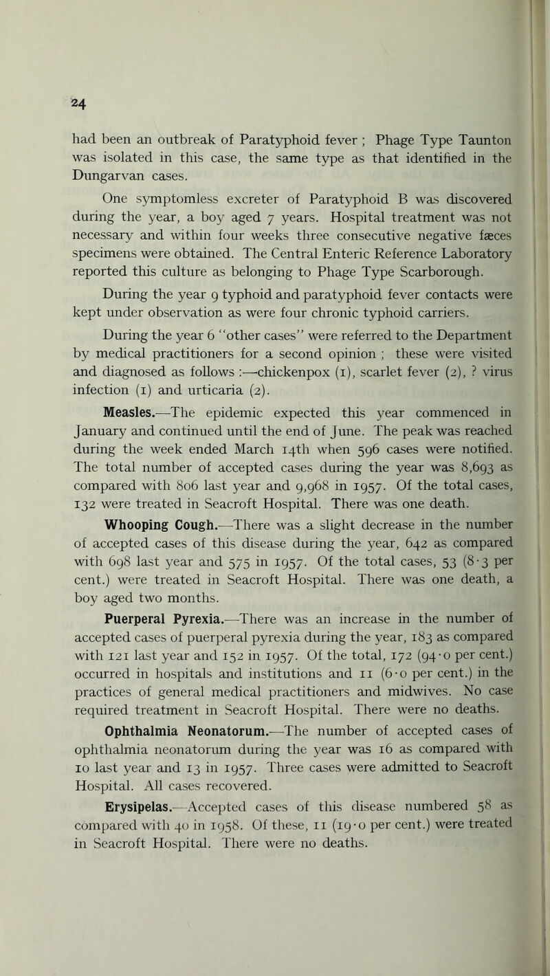 had been an outbreak of Paratyphoid fever ; Phage Type Taunton was isolated in this case, the same type as that identified in the Dungarvan cases. One symptomless excreter of Paratyphoid B was discovered during the year, a boy aged 7 years. Hospital treatment was not necessary and within four weeks three consecutive negative faeces specimens were obtained. The Central Enteric Reference Laboratory reported this culture as belonging to Phage Type Scarborough. During the year 9 typhoid and paratyphoid fever contacts were kept under observation as were four chronic typhoid carriers. During the year 6 “other cases” were referred to the Department by medical practitioners for a second opinion ; these were visited and diagnosed as follows :—chickenpox (1), scarlet fever (2), ? virus infection (1) and urticaria (2). Measles.—The epidemic expected this year commenced in January and continued until the end of June. The peak was reached during the week ended March 14th when 596 cases were notified. The total number of accepted cases during the year was 8,693 as compared with 806 last year and 9,968 in 1957. Of the total cases, 132 were treated in Seacroft Hospital. There was one death. Whooping Cough.—There was a slight decrease in the number of accepted cases of this disease during the year, 642 as compared with 698 last year and 575 in 1957. Of the total cases, 53 (8-3 per cent.) were treated in Seacroft Hospital. There was one death, a boy aged two months. Puerperal Pyrexia.—There was an increase in the number of accepted cases of puerperal pyrexia during the year, 183 as compared with 121 last year and 152 in 1957. Of the total, 172 (94-0 per cent.) occurred in hospitals and institutions and 11 (6-0 per cent.) in the practices of general medical practitioners and midwives. No case required treatment in Seacroft Hospital. There were no deaths. Ophthalmia Neonatorum.—The number of accepted cases of ophthalmia neonatorum during the year was 16 as compared with 10 last year and 13 in 1957. Three cases were admitted to Seacroft Hospital. All cases recovered. Erysipelas.—Accepted cases of this disease numbered 58 as compared with 40 in 1958. Of these, 11 (19-0 per cent.) were treated in Seacroft Hospital. There were no deaths.