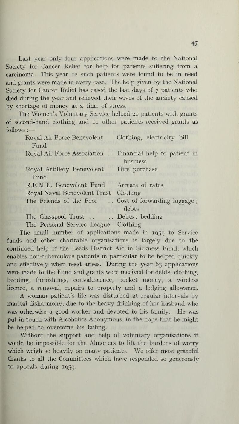Last year only four applications were made to the National Society for Cancer Relief for help for patients suffering from a carcinoma. This year 12 such patients were found to be in need and grants were made in every case. The help given by the National Society for Cancer Relief has eased the last days of 7 patients who died during the year and relieved their wives of the anxiety caused by shortage of money at a time of stress. The Women’s Voluntary Service helped 20 patients with grants of second-hand clothing and 11 other patients received grants as follows :—■ Royal Air Force Benevolent Fund Royal Air Force Association Clothing, electricity bill Royal Artillery Benevolent Fund R.E.M.E. Benevolent Fund Royal Naval Benevolent Trust The Friends of the Poor Financial help to patient in business Hire purchase Arrears of rates Clothing Cost of forwarding luggage ; debts Debts ; bedding Clothing The Glasspool Trust .. The Personal Service League The small number of applications made in 1959 to Service funds and other charitable organisations is largely due to the continued help of the Leeds District Aid in Sickness Fund, which enables non-tuberculous patients in particular to be helped quickly and effectively when need arises. During the year 63 applications were made to the Fund and grants were received for debts, clothing, bedding, furnishings, convalescence, pocket money, a wireless licence, a removal, repairs to property and a lodging allowance. A woman patient’s life was disturbed at regular intervals by marital disharmony, due to the heavy drinking of her husband who was otherwise a good worker and devoted to his family. He was put in touch with Alcoholics Anonymous, in the hope that he might be helped to overcome his failing. Without the support and help of voluntary organisations it would be impossible for the Almoners to lift the burdens of worry which weigh so heavily on many patients. We offer most grateful thanks to all the Committees which have responded so generously to appeals during 1959.