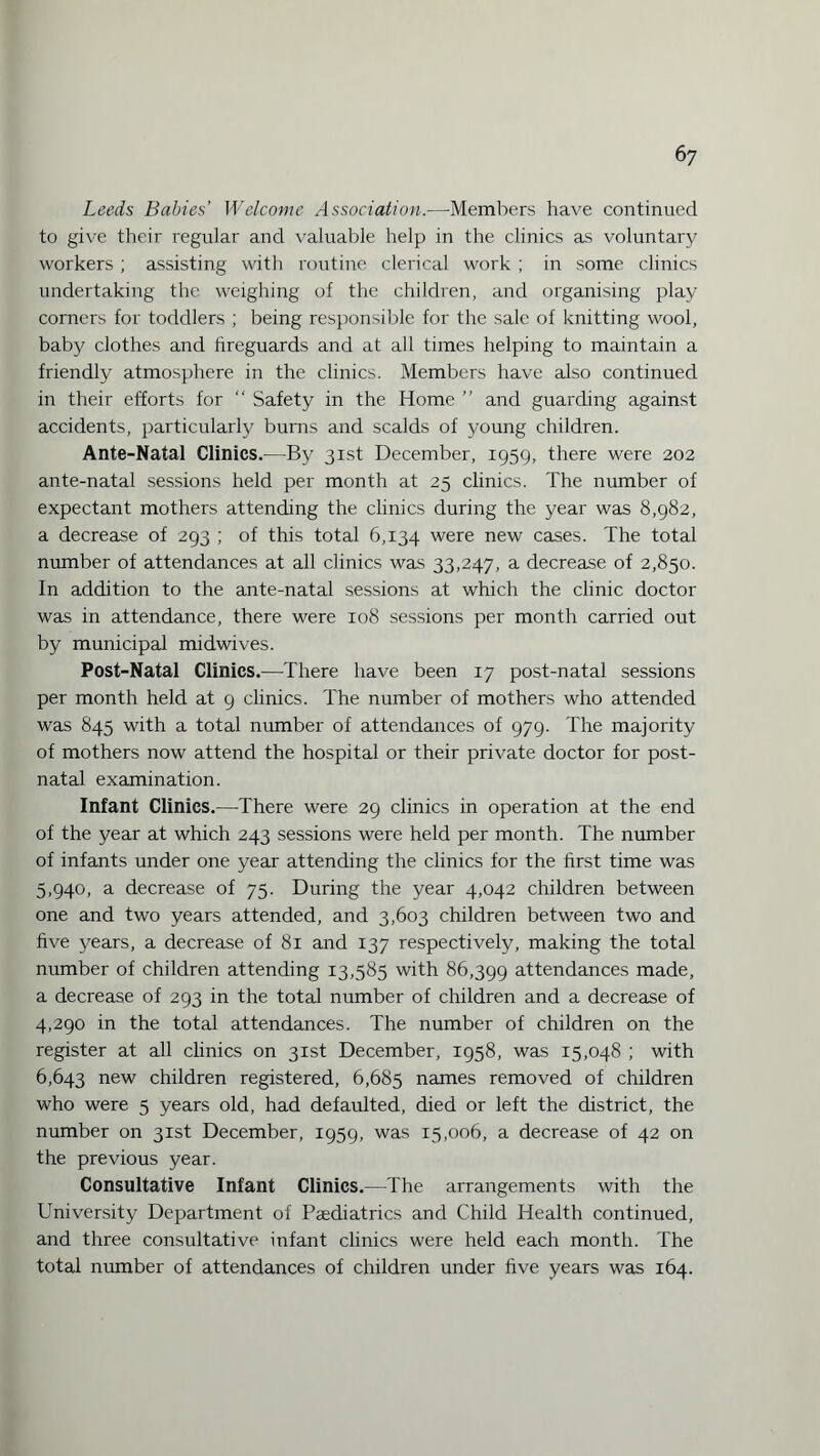 6 7 Leeds Babies’ Welcome Association.—Members have continued to give their regular and valuable help in the clinics as voluntary workers; assisting with routine clerical work ; in some clinics undertaking the weighing of the children, and organising play corners for toddlers ; being responsible for the sale of knitting wool, baby clothes and fireguards and at all times helping to maintain a friendly atmosphere in the clinics. Members have also continued in their efforts for “ Safety in the Home ” and guarding against accidents, particularly burns and scalds of young children. Ante-Natal Clinics.—By 31st December, 1959, there were 202 ante-natal sessions held per month at 25 clinics. The number of expectant mothers attending the clinics during the year was 8,982, a decrease of 293 ; of this total 6,134 were new cases. The total number of attendances at all clinics was 33,247, a decrease of 2,850. In addition to the ante-natal sessions at which the clinic doctor was in attendance, there were 108 sessions per month carried out by municipal midwives. Post-Natal Clinics.—There have been 17 post-natal sessions per month held at 9 clinics. The number of mothers who attended was 845 with a total number of attendances of 979. The majority of mothers now attend the hospital or their private doctor for post¬ natal examination. Infant Clinics.—There were 29 clinics in operation at the end of the year at which 243 sessions were held per month. The number of infants under one year attending the clinics for the first time was 5,940, a decrease of 75. Durixrg the year 4,042 children between one and two years attended, and 3,603 children between two and five years, a decrease of 81 and 137 respectively, making the total number of children attending 13,585 with 86,399 attendances made, a decrease of 293 in the total number of children and a decrease of 4,290 in the total attendances. The number of children on the register at all clinics on 31st December, 1958, was 15,048 ; with 6,643 new children registered, 6,685 names removed of children who were 5 years old, had defaulted, died or left the district, the number on 31st December, 1959, was 15,006, a decrease of 42 on the previous year. Consultative Infant Clinics.—The arrangements with the University Department of Paediatrics and Child Health continued, and three consultative infant clinics were held each month. The total number of attendances of children under five years was 164.