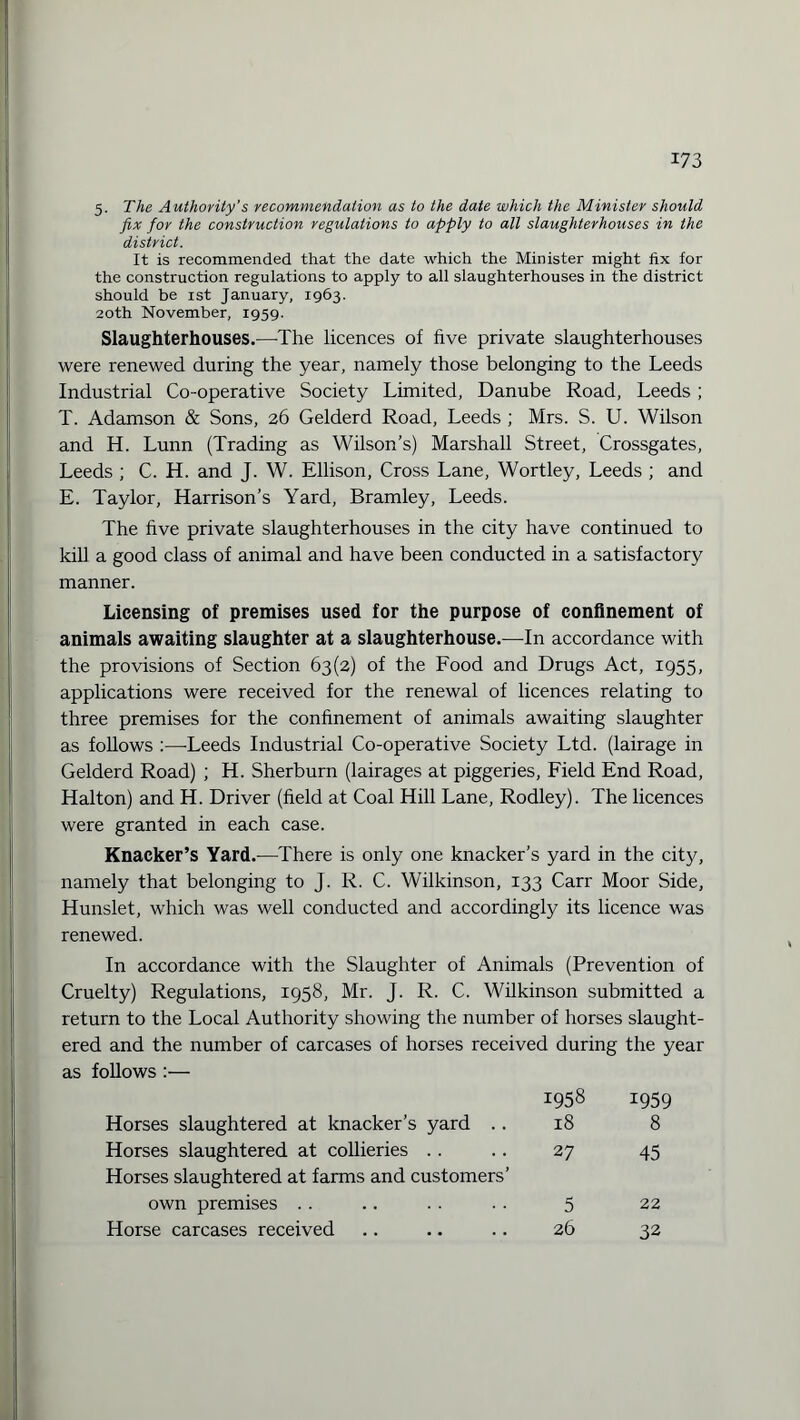 *73 5- The Authority's recommendation as to the date which the Minister should fix for the construction regulations to apply to all slaughterhouses in the district. It is recommended that the date which the Minister might fix for the construction regulations to apply to all slaughterhouses in the district should be ist January, 1963. 20th November, 1959. Slaughterhouses.—The licences of five private slaughterhouses were renewed during the year, namely those belonging to the Leeds Industrial Co-operative Society Limited, Danube Road, Leeds; T. Adamson & Sons, 26 Gelderd Road, Leeds ; Mrs. S. U. Wilson and H. Lunn (Trading as Wilson’s) Marshall Street, Crossgates, Leeds ; C. H. and J. W. Ellison, Cross Lane, Wortley, Leeds ; and E. Taylor, Harrison’s Yard, Bramley, Leeds. The five private slaughterhouses in the city have continued to kill a good class of animal and have been conducted in a satisfactory manner. Licensing of premises used for the purpose of confinement of animals awaiting slaughter at a slaughterhouse.—In accordance with the provisions of Section 63(2) of the Food and Drugs Act, 1955, applications were received for the renewal of licences relating to three premises for the confinement of animals awaiting slaughter as follows :—Leeds Industrial Co-operative Society Ltd. (lairage in Gelderd Road) ; H. Sherburn (lairages at piggeries, Field End Road, Halton) and H. Driver (field at Coal Hill Lane, Rodley). The licences were granted in each case. Knacker’s Yard.—There is only one knacker’s yard in the city, namely that belonging to J. R. C. Wilkinson, 133 Carr Moor Side, Hunslet, which was well conducted and accordingly its licence was renewed. In accordance with the Slaughter of Animals (Prevention of Cruelty) Regulations, 1958, Mr. J. R. C. Wilkinson submitted a return to the Local Authority showing the number of horses slaught¬ ered and the number of carcases of horses received during the year as follows :— 1958 1959 Horses slaughtered at knacker’s yard .. 18 8 Horses slaughtered at collieries Horses slaughtered at farms and customers’ 27 45 own premises 5 22 Horse carcases received 26 32