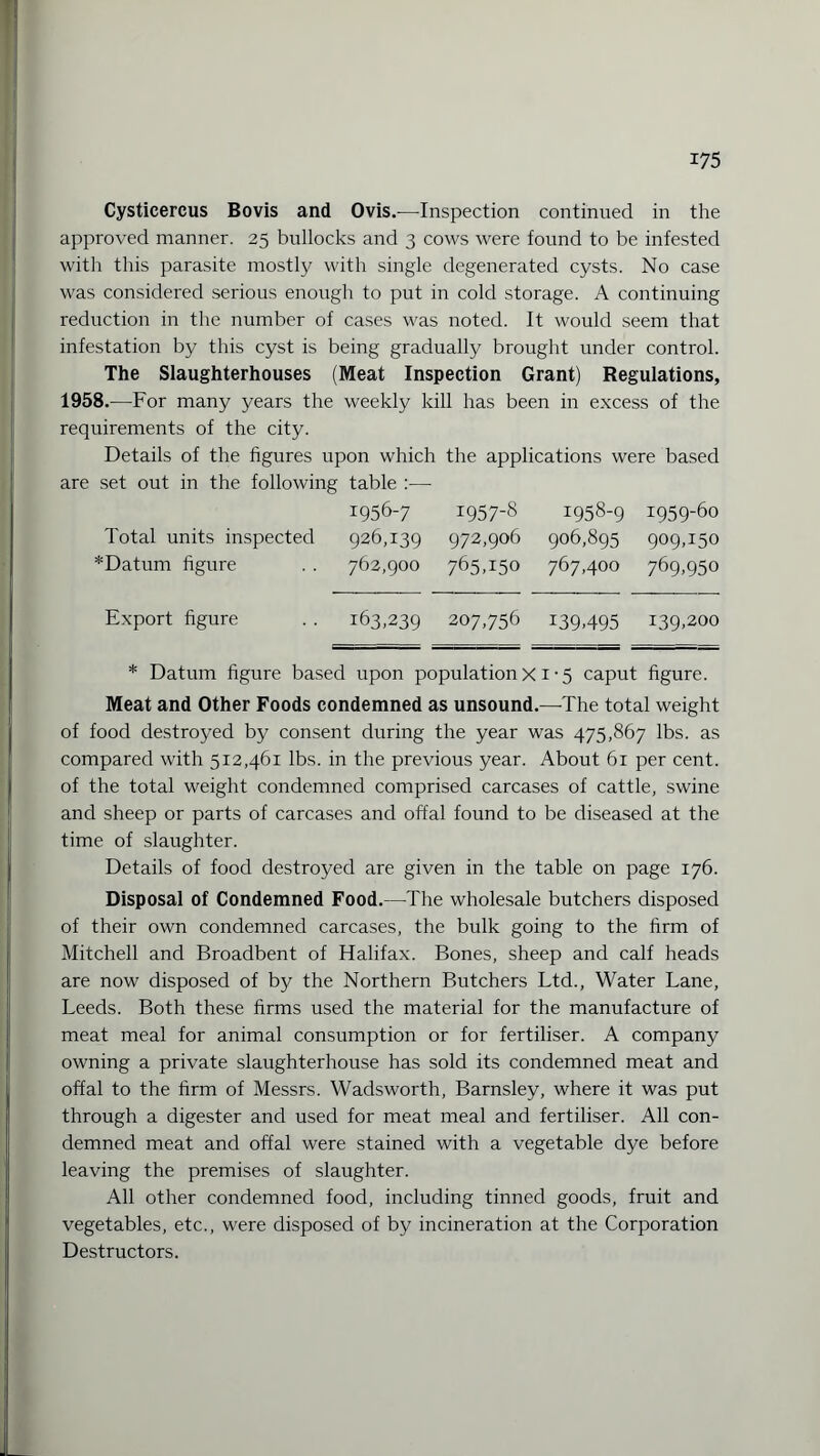 Cysticercus Bovis and Ovis.—Inspection continued in the approved manner. 25 bullocks and 3 cows were found to be infested with this parasite mostly with single degenerated cysts. No case was considered serious enough to put in cold storage. A continuing reduction in the number of cases was noted. It would seem that infestation by this cyst is being gradually brought under control. The Slaughterhouses (Meat Inspection Grant) Regulations, 1958.—For many years the weekly kill has been in excess of the requirements of the city. Details of the figures upon which the applications were based are set out in the following table 1956-7 1957-8 1958-9 1959-6° Total units inspected 926,139 972,906 906,895 909,150 *Datum figure . . 762,900 765,150 767,400 769,950 Export figure . . 163,239 207,756 139495 i39>2oo * Datum figure based upon population x 1 • 5 caput figure. Meat and Other Foods condemned as unsound.—The total weight of food destroyed by consent during the year was 475,867 lbs. as compared with 512,461 lbs. in the previous year. About 61 per cent, of the total weight condemned comprised carcases of cattle, swine and sheep or parts of carcases and offal found to be diseased at the time of slaughter. Details of food destroyed are given in the table on page 176. Disposal of Condemned Food.—The wholesale butchers disposed of their own condemned carcases, the bulk going to the firm of Mitchell and Broadbent of Halifax. Bones, sheep and calf heads are now disposed of by the Northern Butchers Ltd., Water Lane, Leeds. Both these firms used the material for the manufacture of meat meal for animal consumption or for fertiliser. A company owning a private slaughterhouse has sold its condemned meat and offal to the firm of Messrs. Wadsworth, Barnsley, where it was put through a digester and used for meat meal and fertiliser. All con¬ demned meat and offal were stained with a vegetable dye before leaving the premises of slaughter. All other condemned food, including tinned goods, fruit and vegetables, etc., were disposed of by incineration at the Corporation Destructors.