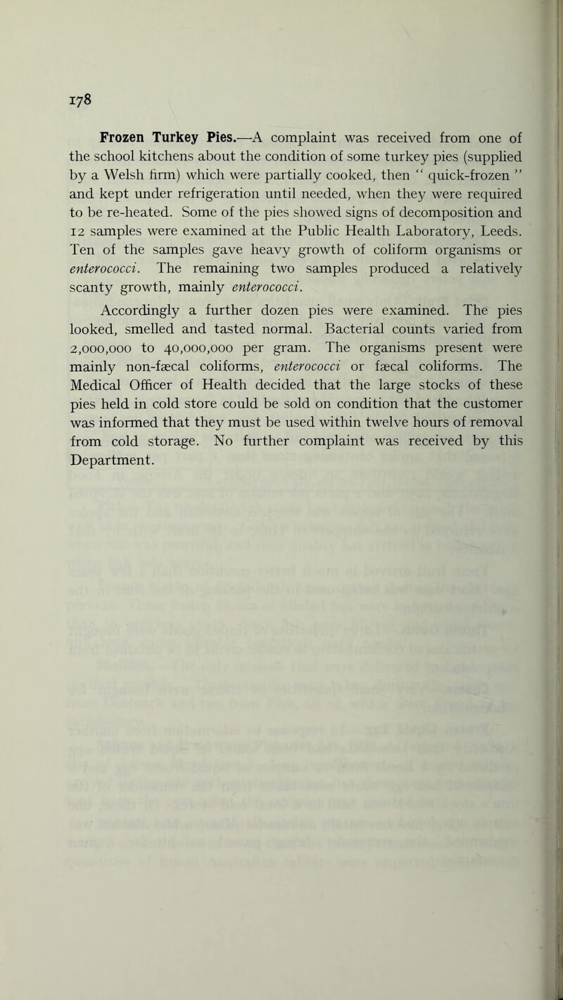 Frozen Turkey Pies.—A complaint was received from one of the school kitchens about the condition of some turkey pies (supplied by a Welsh hrm) which were partially cooked, then “ quick-frozen ” and kept under refrigeration until needed, when they were required to be re-heated. Some of the pies showed signs of decomposition and 12 samples were examined at the Public Health Laboratory, Leeds. Ten of the samples gave heavy growth of coliform organisms or enterococci. The remaining two samples produced a relatively scanty growth, mainly enterococci. Accordingly a further dozen pies were examined. The pies looked, smelled and tasted normal. Bacterial counts varied from 2,000,000 to 40,000,000 per gram. The organisms present were mainly non-fsecal coliforms, enterococci or ffecal coliforms. The Medical Officer of Health decided that the large stocks of these pies held in cold store could be sold on condition that the customer was informed that they must be used within twelve hours of removal from cold storage. No further complaint was received by this Department.
