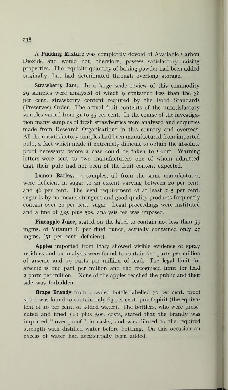 A Pudding Mixture was completely devoid of Available Carbon Dioxide and would not, therefore, possess satisfactory raising properties. The requisite quantity of baking powder had been added originally, but had deteriorated through overlong storage. Strawberry Jam.—In a large scale review of this commodity 29 samples were analysed of which 9 contained less than the 38 per cent, strawberry content required by the Food Standards (Preserves) Order. The actual fruit contents of the unsatisfactory samples varied from 31 to 35 per cent. In the course of the investiga¬ tion many samples of fresh strawberries were analysed and enquiries made from Research Organisations in this country and overseas. All the unsatisfactory samples had been manufactured from imported pulp, a fact which made it extremely difficult to obtain the absolute proof necessary before a case could be taken to Court. Warning letters were sent to two manufacturers one of whom admitted that their pulp had not been of the fruit content expected. Lemon Barley.—4 samples, all from the same manufacturer, were deficient in sugar to an extent varying between 20 per cent, and 46 per cent. The legal requirement of at least 7-5 per cent, sugar is by no means stringent and good quality products frequently contain over 20 per cent, sugar. Legal proceedings were instituted and a fine of £25 plus 50s. analysis fee was imposed. Pineapple Juice, stated on the label to contain not less than 55 mgms. of Vitamin C per fluid ounce, actually contained only 27 mgms. (51 per cent, deficient). Apples imported from Italy showed visible evidence of spray residues and on analysis were found to contain 6 • 1 parts per million of arsenic and 19 parts per million of lead. The legal limit for arsenic is one part per million and the recognised limit for lead 2 parts per million. None of the apples reached the public and their sale was forbidden. Grape Brandy from a sealed bottle labelled 70 per cent, proof spirit was found to contain only 63 per cent, proof spirit (the equiva¬ lent of xo per cent, of added water). The bottlers, who were prose¬ cuted and fined £10 plus 50s. costs, stated that the brandy was imported “ over-proof ” in casks, and was diluted to the required strength with distilled water before bottling. On this occasion an excess of water had accidentally been added.