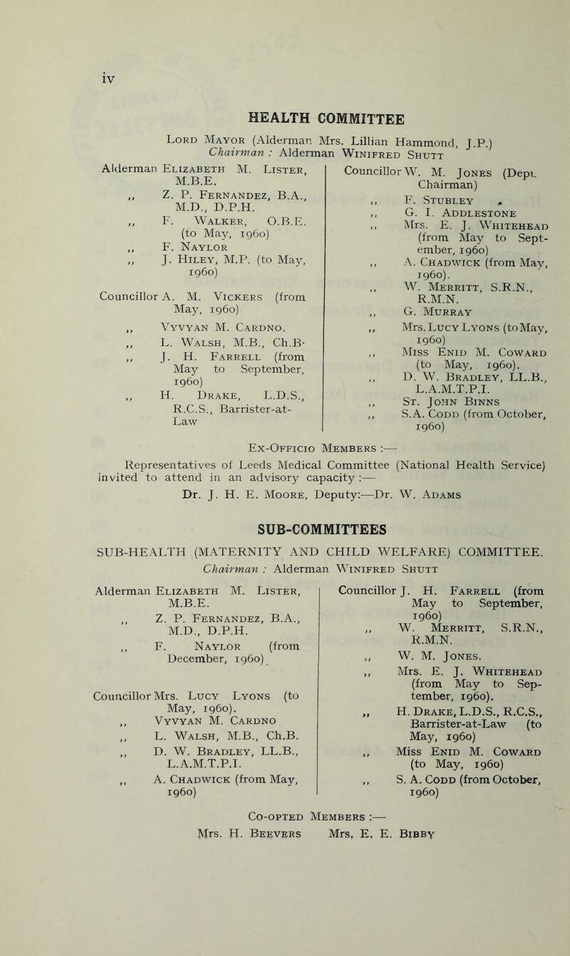 HEALTH COMMITTEE Lord Mayor (Alderman Mrs. Lillian Hammond, J.P.) Chairman : Alderman Winifred Shutt Alderman Elizabeth M. Lister M.B.E. ,, Z. P. Fernandez, B.A., M.D., D.P.H. ,, F. Walker, O.B.E. (to May, i960) ,, F. Naylor ,, J. Hiley, M.P. (to May, i960) Councillor A. M. Vickers (from May, i960) ,, Vyvyan M. Cardno. ,, L. Walsh, M.B., Ch.B- ,, J. H. Farrell (from May to September, i960) „ H. Drake, L.D.S., R.C.S., Barrister-at- Law Councillor W. M. Jones (Depi. Chairman) ,, F. Stubley . ,, G. I. Addlestone ,, Mrs. E. J. Whitehead (from May to Sept¬ ember, i960) ,, A. Chadwick (from May, i960). ,, W. Merritt, S.R.N., R.M.N. ,, G. Murray ,, Mrs. Lucy Lyons (to May, i960) ,, Miss Enid M. Coward (to May, i960). ,, D. W. Bradley, LL.B., L.A.M.T.P.I. ,, St. John Binns ,, S.A. Codd (from October, i960) Ex-Officio Members :— Representatives of Leeds Medical Committee (National Health Service) invited to attend in an advisory capacity :— Dr. J. H. E. Moore, Deputy:—Dr. W. Adams SUB-COMMITTEES SUB-HEALTH (MATERNITY AND CHILD WELFARE) COMMITTEE. Chairman : Alderman Winifred Shutt Alderman Elizabeth M. Lister, M.B.E. ,, Z. P. Fernandez, B.A., M.D., D.P.H. ,, F. Naylor (from December, i960) Councillor Mrs. Lucy Lyons (to May, i960). ,, Vyvyan M. Cardno ,, L. Walsh, M.B., Ch.B. „ D. W. Bradley, LL.B., L.A.M.T.P.I. ,, A. Chadwick (from May, i960) Councillor J. H. Farrell (from May to September, i960) ,, W. Merritt, S.R.N., R.M.N. ,, W. M. Jones. ,, Mrs. E. J. Whitehead (from May to Sep¬ tember, i960). „ H. Drake, L.D.S., R.C.S., Barrister-at-Law (to May, i960) ,, Miss Enid M. Coward (to May, i960) ,, S. A. Codd (from October, i960) Co-opted Members :— Mrs. H. Beevers Mrs, E. E. Bibby