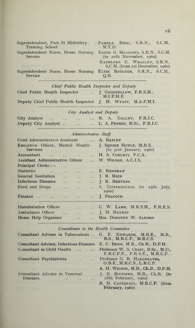 Superintendent, Part II Midwifery Training School Superintendent Nurse, Home Nursing Service Superintendent Nurse, Home Nursing Service Pamela Bird, S.R.N., S.C.M., M.T.D. Edith G. Meadows, S.R.N., S.C.M. (to 20th November, i960) Kathleen E. Whalley, S.R.N., S.C.M. (from xst December, i960) Elsie Boulton, S.R.N., S.C.M., QN. Chief Public Health Inspector and Deputy Chief Public Health Inspector .. J. Goodfellow, F.R.S.H., M.I.P.H.E. Deputy Chief Public Health Inspector J. H. Wyatt, M.A.P.H.I. City Analyst and Deputy City Analyst Deputy City Analyst . . R. A. Dalley, F.R.I.C. L. A. Perkin, B.Sc., F.R.I.C. Administrative Staff Chief Administrative Assistant A. Batley Executive Officer, Mental Health J. Squire Hoyle, M.B.E. Services (to 31st January, i960) Accountant H. A. Corlett, F.C.A. Assistant Administrative Officer Principal Clerks :— W. Wilson, A.C.I.S. Statistics E. Renshaw General Sanitation J. R. Moir Infectious Diseases J. K. Beevers Food and Drugs S. Titterington (to 25th July, i960) Finance .. J. Peacock Disinfestation Officer C. W. Lamb, M.R.S.H., F.R.E.S. Ambulance Officer J. H. Daykin Home Help Organiser Mrs. Dorothy W. Alford Consultants to the Health Committee Consultant Adviser in Tuberculosis .. G. F. Edwards, M.B.E., M.B., B.S., M.R.C.P., M.R.C.S. Consultant Adviser, Infectious Diseases E. C. Benn, M B , Ch.B., D.P.H. Consultant in Child Health Professor W. S. Craig, B.Sc., M.D., F.R.C.P.E., F.RS.E., M.R.C.P. Consultant Psychiatrists Professor G. R. Hargreaves, O.B.E., M.R.C.S..L.R.C.P. A. H. Wilson, M.B., Ch.B., D.P.M. Consultant Adviser in Venereal J. B. Bittiner, M.B., Ch.B. (to Diseases. 18th February, i960) R. D. Catterall, M.R.C.P. (from February, i960)