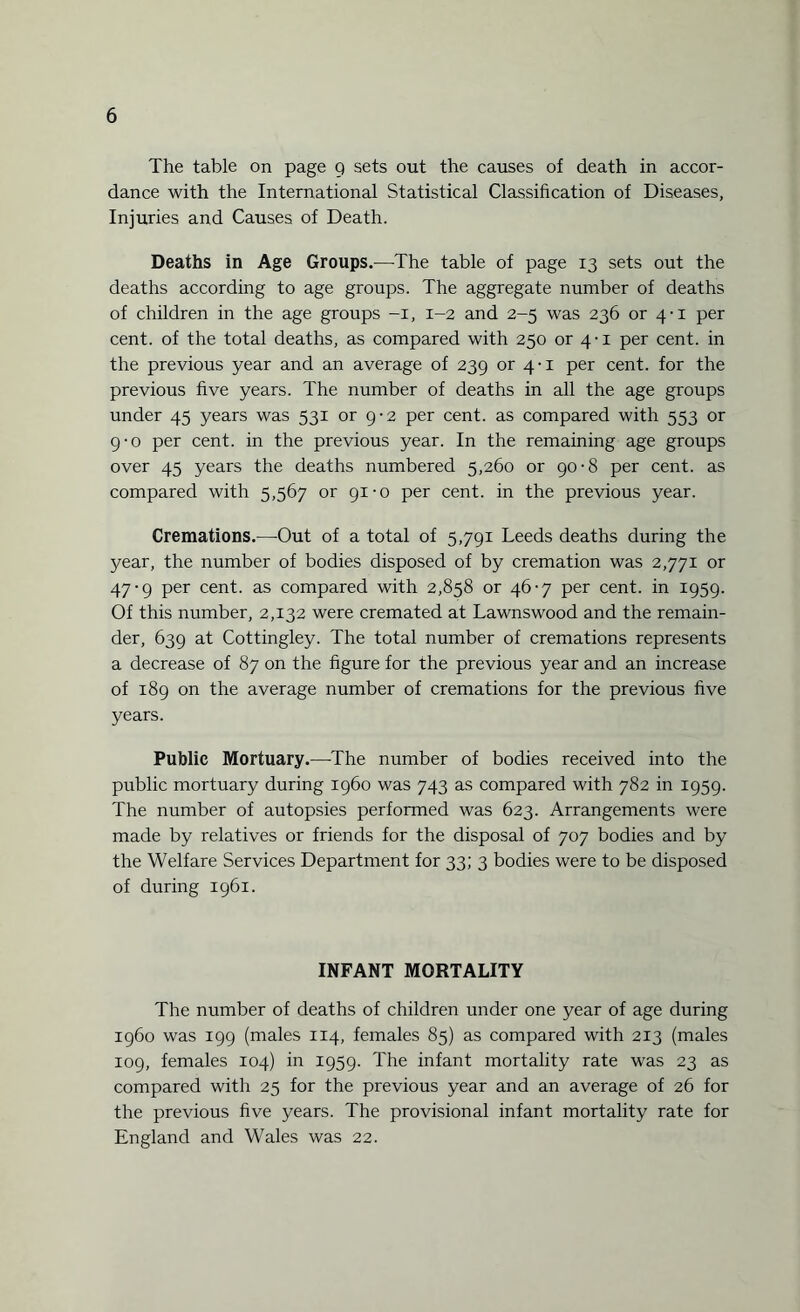 The table on page 9 sets out the causes of death in accor¬ dance with the International Statistical Classification of Diseases, Injuries and Causes of Death. Deaths in Age Groups.-—The table of page 13 sets out the deaths according to age groups. The aggregate number of deaths of children in the age groups -1, 1-2 and 2-5 was 236 or 4-1 per cent, of the total deaths, as compared with 250 or 4-1 per cent, in the previous year and an average of 239 or 4-1 per cent, for the previous five years. The number of deaths in all the age groups under 45 years was 531 or 9-2 per cent, as compared with 553 or g-o per cent, in the previous year. In the remaining age groups over 45 years the deaths numbered 5,260 or 90-8 per cent, as compared with 5,567 or 91-0 per cent, in the previous year. Cremations.—Out of a total of 5,791 Leeds deaths during the year, the number of bodies disposed of by cremation was 2,771 or 47-9 per cent, as compared with 2,858 or 46-7 per cent, in 1959. Of this number, 2,132 were cremated at Lawnswood and the remain¬ der, 639 at Cottingley. The total number of cremations represents a decrease of 87 on the figure for the previous year and an increase of 189 on the average number of cremations for the previous five years. Public Mortuary.—-The number of bodies received into the public mortuary during i960 was 743 as compared with 782 in 1959. The number of autopsies performed was 623. Arrangements were made by relatives or friends for the disposal of 707 bodies and by the Welfare Services Department for 33; 3 bodies were to be disposed of during 1961. INFANT MORTALITY The number of deaths of children under one year of age during i960 was 199 (males 114, females 85) as compared with 213 (males 109, females 104) in 1959. The infant mortality rate was 23 as compared with 25 for the previous year and an average of 26 for the previous five years. The provisional infant mortality rate for England and Wales was 22.