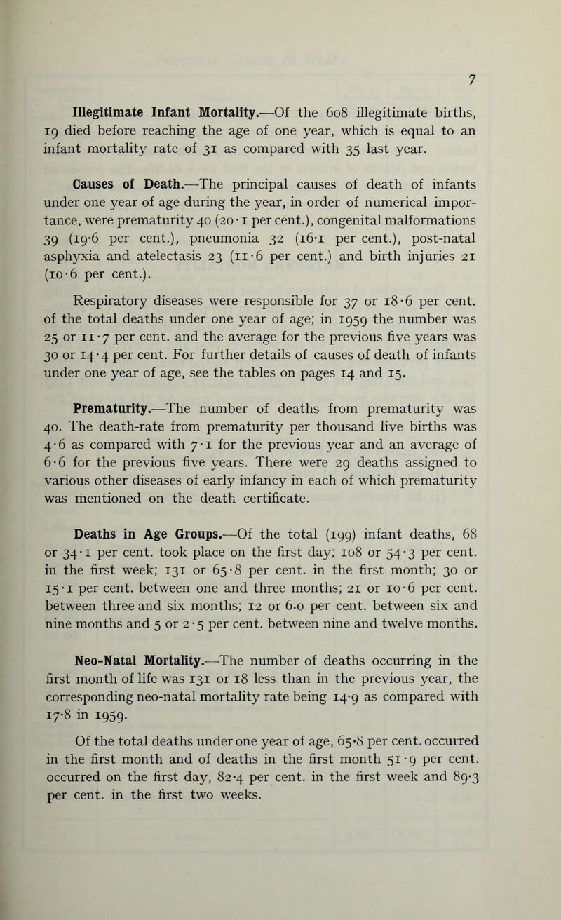 Illegitimate Infant Mortality.—Of the 608 illegitimate births, 19 died before reaching the age of one year, which is equal to an infant mortality rate of 31 as compared with 35 last year. Causes of Death.—The principal causes of death of infants under one year of age during the year, in order of numerical impor¬ tance, were prematurity 40 (20 • 1 per cent.), congenital malformations 39 (19-6 per cent.), pneumonia 32 (16-1 per cent.), post-natal asphyxia and atelectasis 23 (ii-6 per cent.) and birth injuries 21 (10-6 per cent.). Respiratory diseases were responsible for 37 or 18-6 per cent, of the total deaths under one year of age; in 1959 the number was 25 or 11-7 per cent, and the average for the previous live years was 30 or 14-4 per cent. For further details of causes of death of infants under one year of age, see the tables on pages 14 and 15. Prematurity.—The number of deaths from prematurity was 40. The death-rate from prematurity per thousand live births was 4-6 as compared with 7-1 for the previous year and an average of 6-6 for the previous five years. There were 29 deaths assigned to various other diseases of early infancy in each of which prematurity was mentioned on the death certificate. Deaths in Age Groups.—Of the total (199) infant deaths, 68 or 34-1 per cent, took place on the first day; 108 or 54-3 per cent, in the first week; 131 or 65-8 per cent, in the first month; 30 or 15-1 per cent, between one and three months; 21 or 10-6 per cent, between three and six months; 12 or 6.0 per cent, between six and nine months and 5 or 2 • 5 per cent, between nine and twelve months. Neo-Natal Mortality.—The number of deaths occurring in the first month of life was 131 or 18 less than in the previous year, the corresponding neo-natal mortality rate being 14-9 as compared with 17-8 in 1959. Of the total deaths under one year of age, 65-8 per cent, occurred in the first month and of deaths in the first month 51-9 per cent, occurred on the first day, 82*4 per cent, in the first week and 89-3 per cent, in the first two weeks.