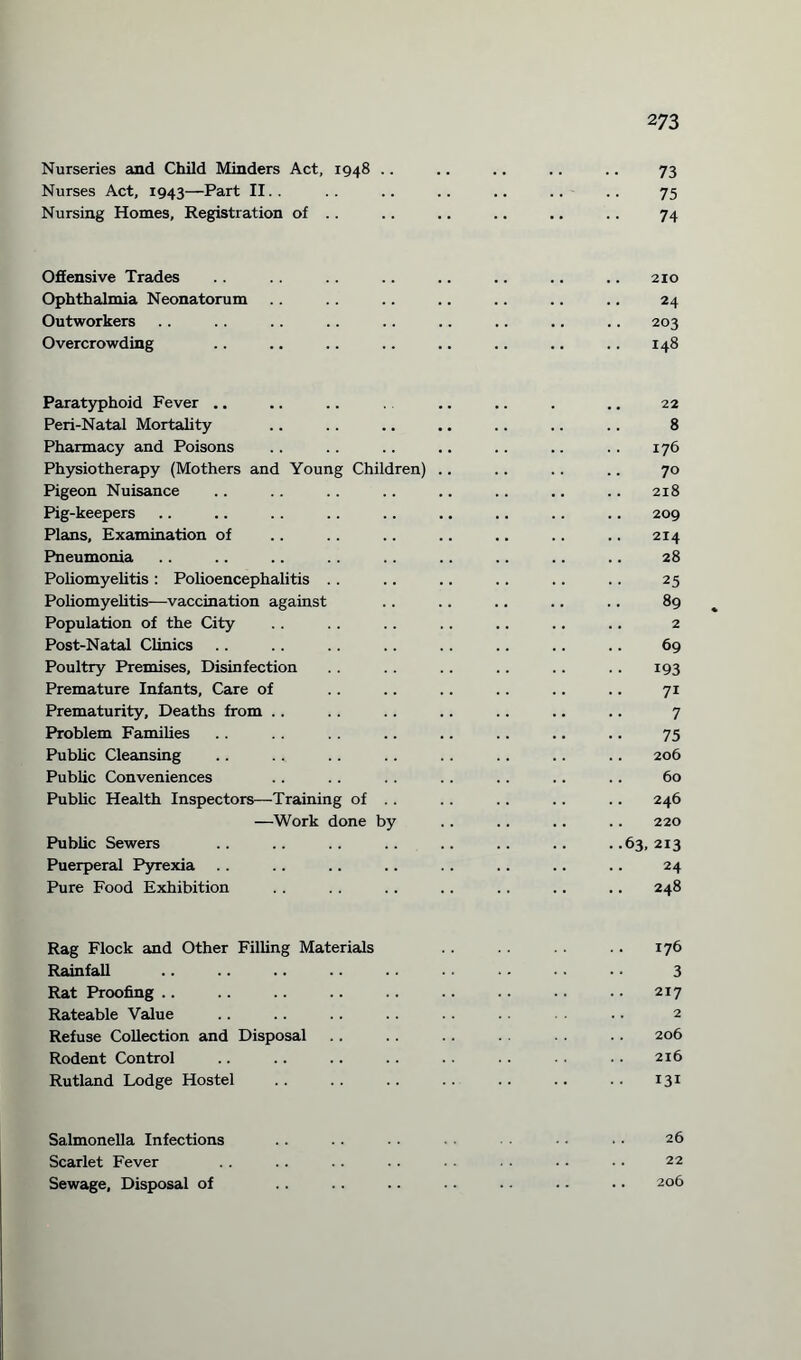 Nurseries and Child Minders Act, 1948 .. .. .. .. .. 73 Nurses Act, 1943—Part II. . .. .. .. .. .. .. 75 Nursing Homes, Registration of .. .. .. .. .. .. 74 Offensive Trades Ophthalmia Neonatorum Outworkers Overcrowding 210 24 203 148 Paratyphoid Fever ,. .. .. .. .. . .. 22 Peri-Natal Mortality .. .. .. .. .. .. .. 8 Pharmacy and Poisons .. .. .. .. .. .. .. 176 Physiotherapy (Mothers and Young Children) .. .. .. .. 70 Pigeon Nuisance .. .. .. .. .. .. .. .. 218 Pig-keepers .. .. .. .. .. .. .. .. .. 209 Plans, Examination of .. .. .. .. .. .. .. 214 Pneumonia .. .. .. .. .. .. .. .. .. 28 Poliomyelitis : Polioencephalitis .. .. .. .. .. .. 25 Poliomyelitis—vaccination against .. .. .. .. .. 89 Population of the City .. .. .. .. .. .. .. 2 Post-Natal Clinics .. .. .. .. .. .. .. .. 69 Poultry Premises, Disinfection .. .. .. .. .. .. 193 Premature Infants, Care of .. .. .. .. .. .. 71 Prematurity, Deaths from .. .. .. .. .. .. .. 7 Problem Families .. .. .. .. .. .. .. .. 75 Public Cleansing .. .. .. .. .. .. .. .. 206 Public Conveniences .. .. .. .. .. .. .. 60 Public Health Inspectors—Training of .. .. .. .. .. 246 —Work done by .. .. .. .. 220 Public Sewers .. .. .. .. .. .. .. ..63,213 Puerperal Pyrexia .. .. .. .. .. .. .. .. 24 Pure Food Exhibition . . .. .. .. .. .. .. 248 Rag Flock and Other Filling Materials .. .. .. .. 176 Rainfall .. .. .. .. .. .. . - .. • ■ 3 Rat Proofing .. .. .. .. .. .. .. .. .• 217 Rateable Value .. .. .. . . .. 2 Refuse Collection and Disposal .. .. .. .. 206 Rodent Control .. .. .. .. .. .. • • 216 Rutland Lodge Hostel .. .. .. .. .. .. .. 131 Salmonella Infections .. .. .. ■ • • • • ■ 26 Scarlet Fever .. . . . . . . . . . . . • • • 22 Sewage, Disposal of .. .. .. .. .. .. .. 206