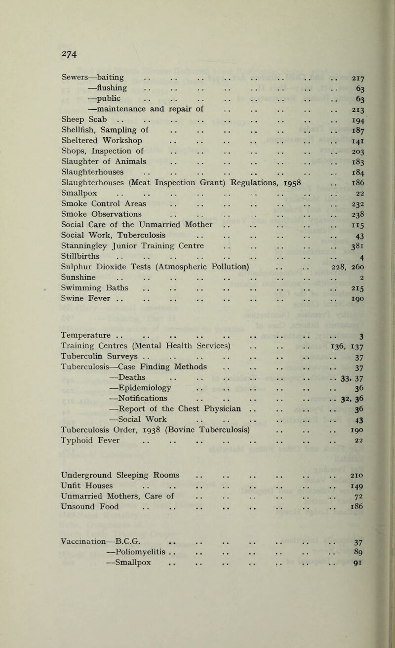 Sewers—baiting .. 217 —flushing 63 —public 63 —maintenance and repair of 213 Sheep Scab 194 Shellfish, Sampling of .. 187 Sheltered Workshop 141 Shops, Inspection of 203 Slaughter of Animals .. 183 Slaughterhouses 184 Slaughterhouses (Meat Inspection Grant) Regulations, 1958 .. 186 Smallpox .. 22 Smoke Control Areas 232 Smoke Observations 238 Social Care of the Unmarried Mother 115 Social Work, Tuberculosis 43 Stanningley Junior Training Centre .. 381 Stillbirths 4 Sulphur Dioxide Tests (Atmospheric Pollution) 228, 260 Sunshine .. 2 Swimming Baths 215 Swine Fever .. 190 Temperature .. 3 Training Centres (Mental Health Services) 136, 137 Tuberculin Surveys 37 Tuberculosis—Case Finding Methods 37 —Deaths • • 33. 37 —Epidemiology 36 —-Notifications . • 32. 36 —Report of the Chest Physician .. 36 —Social Work 43 Tuberculosis Order, 1938 (Bovine Tuberculosis) 190 Typhoid Fever .. 22 Underground Sleeping Rooms .. 2x0 Unfit Houses 149 Unmarried Mothers, Care of 72 Unsound Food • • .. 186 Vaccination—B.C.G. 37 —Poliomyelitis .. 89 —Smallpox ,, ,. .. ,. 9i