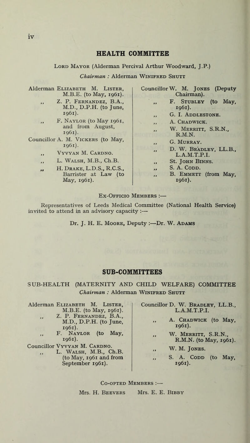 HEALTH COMMITTEE Lord Mayor (Alderman Percival Arthur Woodward, J.P.) Chairman : Alderman Winifred Shutt Alderman Elizabeth M. Lister, M.B.E. (to May, 1961). ,, Z. P. Fernandez, B.A., M.D., D.P.H. (to June, 1961). ,, F. Naylor (to May 1961, and from August, 1961). Councillor A. M. Vickers (to May, 1961). ,, Vyvyan M. Cardno. „ L. Walsh, M.B., Ch.B. ,, H. Drake, L.D.S., R.C.S., Barrister at Law (to May, 1961). Councillor W. M. Jones (Deputy Chairman). ,, F. Stubley (to May, 1961). ,, G. I. Addlestone. ,, A. Chadwick. ,, W. Merritt, S.R.N., R.M.N. ,, G. Murray. „ D. W. Bradley, LL.B., L.A.M.T.P.I. ,, St. John Binns. „ S. A. Codd. ,, B. Emmett (from May, 1961). Ex-Officio Members :— Representatives of Leeds Medical Committee (National Health Service) invited to attend in an advisory capacity :— Dr. J. H. E. Moore, Deputy :—Dr. W. Adams SUB-COMMITTEES SUB-HEALTH (MATERNITY AND CHILD WELFARE) COMMITTEE Chairman : Alderman Winifred Shutt Alderman Elizabeth M. Lister, M.B.E. (to May, 1961). ,, Z. P. Fernandez, B.A., M.D., D.P.H. (to June, 1961). ,, F. Naylor (to May, 1961). Councillor Vyvyan M. Cardno. ,, L. Walsh, M.B., Ch.B. (to May, 1961 and from September 1961). Councillor D. W. Bradley, LL.B., L.A.M.T.P.I. ,, A. Chadwick (to May, 1961). ,, W. Merritt, S.R.N., R.M.N. (to May, 1961). ,, W. M. Jones. ,, S. A. Codd (to May, 1961). Co-opted Members :— Mrs. H. Beevers Mrs. E. E. Bibby