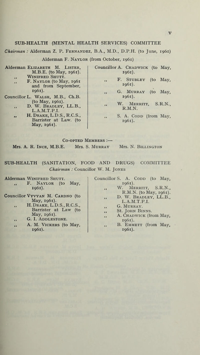 SUB-HEALTH (MENTAL HEALTH SERVICES) COMMITTEE Chairman : Alderman Z. P. Fernandez, B.A., M.D., D.P.H. (to June, 1961) Alderman F. Naylor (from October, 1961) Alderman Elizabeth M. Lister, M.B.E. (to May, 1961). ,, Winifred Shutt. ,, F. Naylor (to May, 1961 and from September, 1961). Councillor L. Walsh, M.B., Ch.B. (to May, 1961). ,, D. W. Bradley, LL.B., L.A.M.T.P.I. ,, H. Drake, L.D.S., R.C.S., Barrister at Law. (to May, 1961). Councillor A. Chadwick 1961). (to May, ,, F. Stubley 1961). (to May, ,, G. Murray 1961). (to May, ,, W. Merritt, R.M.N. S.R.N., S. A. Codd (from May, 1961). Co-opted Members :— Mrs. A. R. Ince, M.B.E. Mrs. S. Murray Mrs. N. Billington SUB-HEALTH (SANITATION, FOOD AND DRUGS) COMMITTEE Chairman : Councillor W. M. Jones Alderman Winifred Shutt. ,, F. Naylor (to May, 1961). Councillor Vyvyan M. Cardno (to May, 1961). ,, H. Drake, L.D.S., R.C.S., Barrister at Law (to May, 1961). ,, G. I. Addlestone. ,, A. M. Vickers (to May, 1961). Councillor S. A. Codd (to May, 1961). ,, W. Merritt, S.R.N., R.M.N. (to May, 1961). ,, D. W. Bradley, LL.B., L.A.M.T.P.I. ,, G. Murray. ,, St. John Binns. ,, A. Chadwick (from May, 1961). ,, B. Emmett (from May, 1961).