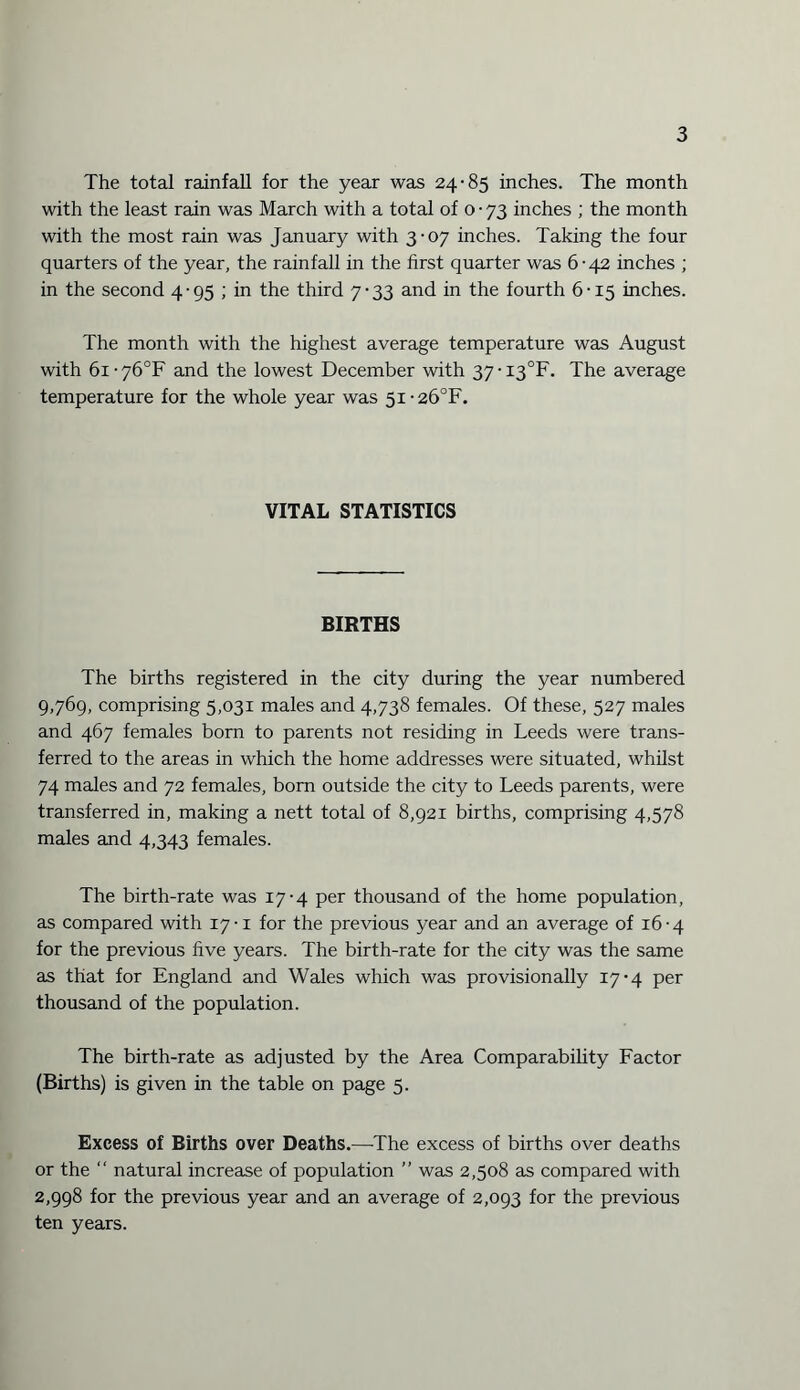 The total rainfall for the year was 24-85 inches. The month with the least rain was March with a total of 0-73 inches ; the month with the most rain was January with 3-07 inches. Taking the four quarters of the year, the rainfall in the first quarter was 6-42 inches ; in the second 4-95 ; in the third 7-33 and in the fourth 6-15 inches. The month with the highest average temperature was August with 61 • 76°F and the lowest December with 37 • I3°F. The average temperature for the whole year was 5i-26°F. VITAL STATISTICS BIRTHS The births registered in the city during the year numbered 9,769, comprising 5,031 males and 4,738 females. Of these, 527 males and 467 females born to parents not residing in Leeds were trans¬ ferred to the areas in which the home addresses were situated, whilst 74 males and 72 females, born outside the city to Leeds parents, were transferred in, making a nett total of 8,921 births, comprising 4,578 males and 4,343 females. The birth-rate was 17-4 per thousand of the home population, as compared with 17-1 for the previous year and an average of 16-4 for the previous five years. The birth-rate for the city was the same as that for England and Wales which was provisionally 17-4 per thousand of the population. The birth-rate as adjusted by the Area Comparability Factor (Births) is given in the table on page 5. Excess of Births over Deaths.—The excess of births over deaths or the “ natural increase of population ” was 2,508 as compared with 2,998 for the previous year and an average of 2,093 for the previous ten years.