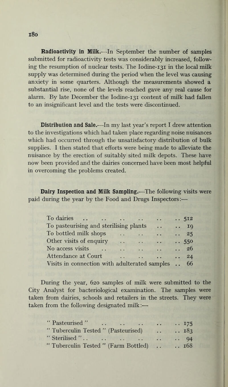 i8o Radioactivity in Milk.—-In September the number of samples submitted for radioactivity tests was considerably increased, follow¬ ing the resumption of nuclear tests. The Iodine-131 in the local milk supply was determined during the period when the level was causing anxiety in some quarters. Although the measurements showed a substantial rise, none of the levels reached gave any real cause for alarm. By late December the Iodine-131 content of milk had fallen to an insignificant level and the tests were discontinued. Distribution and Sale.-—-In my last year’s report I drew attention to the investigations which had taken place regarding noise nuisances which had occurred through the unsatisfactory distribution of bulk supplies. I then stated that efforts were being made to alleviate the nuisance by the erection of suitably sited milk depots. These have now been provided and the dairies concerned have been most helpful in overcoming the problems created. Dairy Inspection and Milk Sampling.—The following visits were paid during the year by the Food and Drugs Inspectors:— To dairies 512 To pasteurising and sterilising plants 19 To bottled milk shops 25 Other visits of enquiry 550 No access visits 26 Attendance at Court 24 Visits in connection with adulterated samples .. 66 During the year, 620 samples of milk were submitted to the City Analyst for bacteriological examination. The samples were taken from dairies, schools and retailers in the streets, taken from the following designated milk:—■ They were “ Pasteurised ” 175  Tuberculin Tested ” (Pasteurised) 183 “ Sterilised ” .. 94 “ Tuberculin Tested ” (Farm Bottled) 168