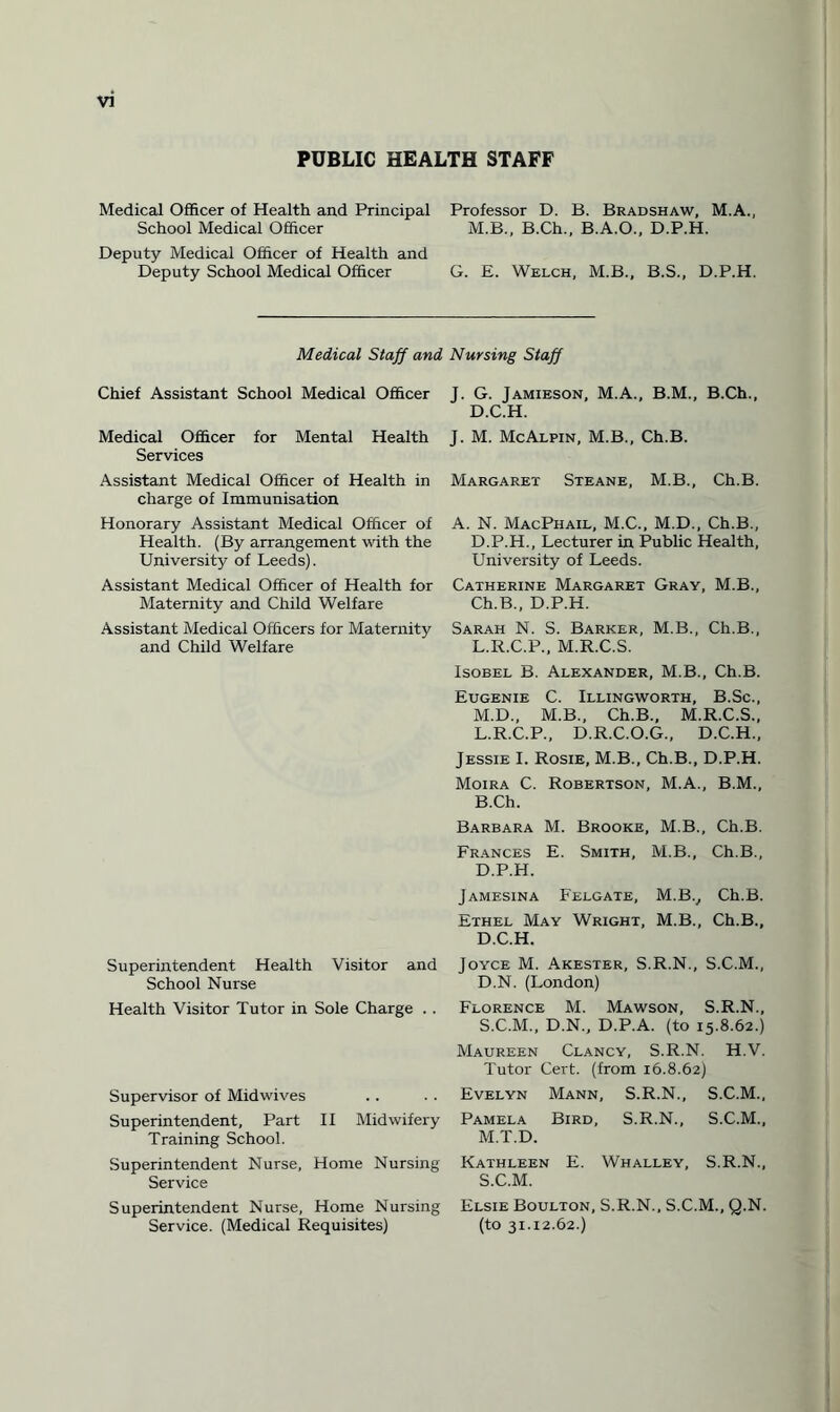 PUBLIC HEALTH STAFF Medical Officer of Health and Principal School Medical Officer Deputy Medical Officer of Health and Deputy School Medical Officer Professor D. B. Bradshaw, M.A., M.B., B.Ch., B.A.O., D.P.H. G. E. Welch, M.B., B.S., D.P.H. Medical Staff and Nursing Staff Chief Assistant School Medical Officer Medical Officer for Mental Health Services Assistant Medical Officer of Health in charge of Immunisation Honorary Assistant Medical Officer of Health. (By arrangement with the University of Leeds). Assistant Medical Officer of Health for Maternity and Child Welfare Assistant Medical Officers for Maternity and Child Welfare Superintendent Health Visitor and School Nurse Health Visitor Tutor in Sole Charge . . Supervisor of Midwives Superintendent, Part II Midwifery Training School. Superintendent Nurse, Home Nursing Service Superintendent Nurse, Home Nursing Service. (Medical Requisites) J. G. Jamieson, M.A., B.M., B.Ch., D.C.H. J. M. McAlpin, M.B., Ch.B. Margaret Steane, M.B., Ch.B. A. N. MacPhail, M.C., M.D., Ch.B., D.P.H., Lecturer in Public Health, University of Leeds. Catherine Margaret Gray, M.B., Ch.B., D.P.H. Sarah N. S. Barker, M.B., Ch.B., L. R.C.P., M.R.C.S. Isobel B. Alexander, M.B., Ch.B. Eugenie C. Illingworth, B.Sc., M. D., M.B., Ch.B., M.R.C.S., L. R.C.P., D.R.C.O.G., D.C.H., Jessie I. Rosie, M.B., Ch.B., D.P.H. Moira C. Robertson, M.A., B.M., B.Ch. Barbara M. Brooke, M.B., Ch.B. Frances E. Smith, M.B., Ch.B., D.P.H. Jamesina Felgate, M.B., Ch.B. Ethel May Wright, M.B., Ch.B., D.C.H. Joyce M. Akester, S.R.N., S.C.M., D.N. (London) Florence M. Mawson, S.R.N., S.C.M., D.N., D.P.A. (to 15.8.62.) Maureen Clancy, S.R.N. H.V. Tutor Cert, (from 16.8.62) Evelyn Mann, S.R.N., S.C.M., Pamela Bird, S.R.N., S.C.M., M. T.D. Kathleen E. Whalley, S.R.N., S.C.M. Elsie Boulton, S.R.N., S.C.M., Q.N. (to 31.12.62.)