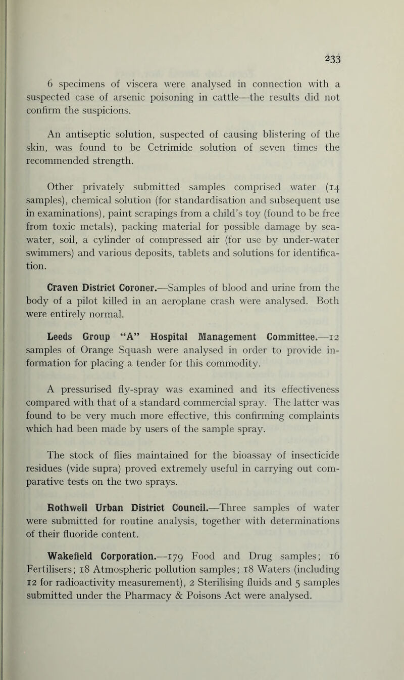 6 specimens of viscera were analysed in connection with a suspected case of arsenic poisoning in cattle—the results did not confirm the suspicions. An antiseptic solution, suspected of causing blistering of the skin, was found to be Cetrimide solution of seven times the recommended strength. Other privately submitted samples comprised water (14 samples), chemical solution (for standardisation and subsequent use in examinations), paint scrapings from a child’s toy (found to be free from toxic metals), packing material for possible damage by sea¬ water, soil, a cylinder of compressed air (for use by under-water swimmers) and various deposits, tablets and solutions for identifica¬ tion. Craven District Coroner.—Samples of blood and urine from the body of a pilot killed in an aeroplane crash were analysed. Both were entirely normal. Leeds Group “A” Hospital Management Committee.—12 samples of Orange Squash were analysed in order to provide in¬ formation for placing a tender for this commodity. A pressurised fly-spray was examined and its effectiveness compared with that of a standard commercial spray. The latter was found to be very much more effective, this confirming complaints which had been made by users of the sample spray. The stock of flies maintained for the bioassay of insecticide residues (vide supra) proved extremely useful in carrying out com¬ parative tests on the two sprays. Rothwell Urban District Council.—Three samples of water were submitted for routine analysis, together with determinations of their fluoride content. Wakefield Corporation.—179 Food and Drug samples; 16 Fertilisers; 18 Atmospheric pollution samples; 18 Waters (including 12 for radioactivity measurement), 2 Sterilising fluids and 5 samples submitted under the Pharmacy & Poisons Act were analysed.