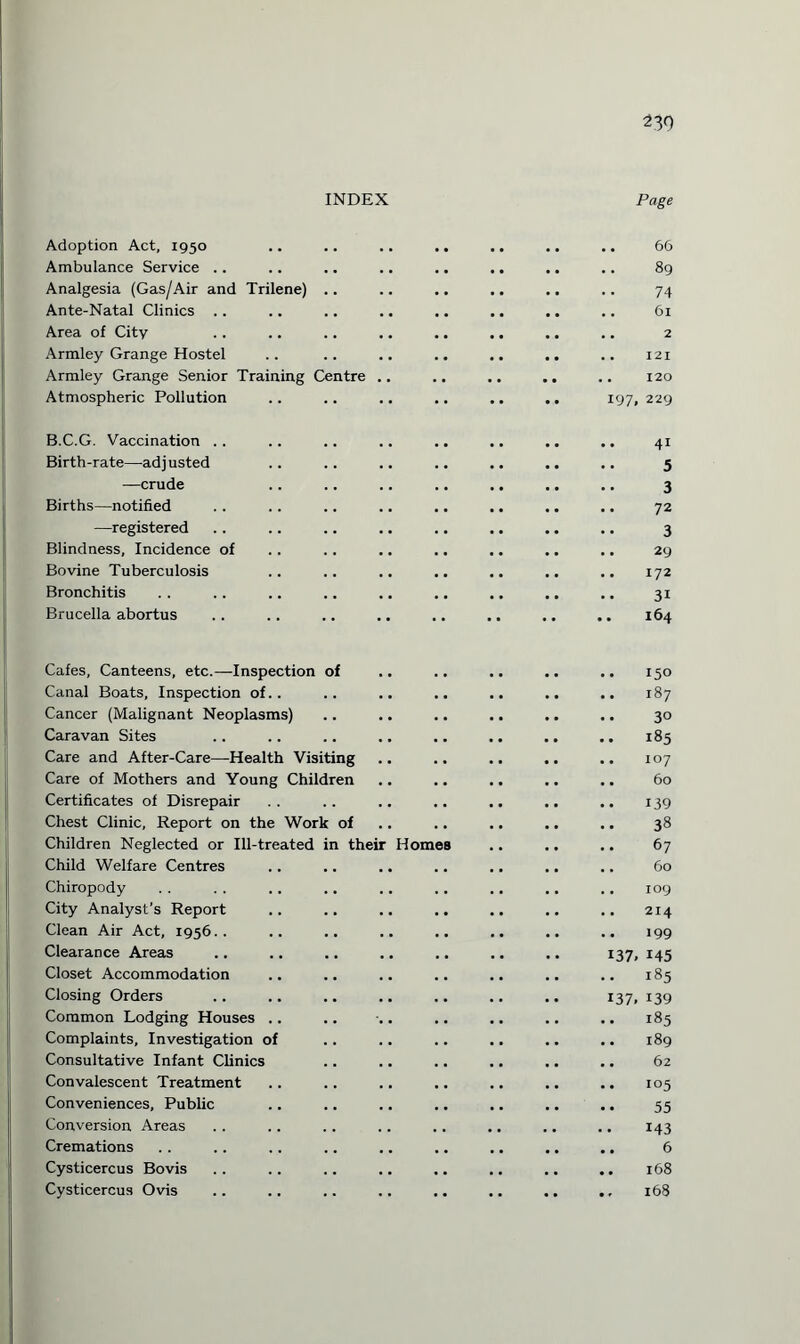 230 INDEX Page Adoption Act, 1950 .. .. .. .. ., ., .. 66 Ambulance Service .. .. .. .. .. .. .. .. 89 Analgesia (Gas/Air and Trilene) .. .. .. .. .. .. 74 Ante-Natal Clinics .. .. .. .. .. .. .. ,. 61 Area of City . . .. ., .. ,. .. .. ,. 2 Armley Grange Hostel .. .. .. .. .. .. .. 121 Armley Grange Senior Training Centre .. .. .. 120 Atmospheric Pollution .. .. ,. .. .. .. 197, 229 B.C.G. Vaccination .. .. .. .. .. .. ,, 41 Birth-rate—adjusted .. .. .. .. .. .. .. 5 —crude . 3 Births—notified .. .. .. .. .. .. .. .. 72 —registered .. .. .. .. .. .. .. .. 3 Blindness, Incidence of .. .. .. .. .. .. ,. 29 Bovine Tuberculosis .. .. .. .. .. .. 172 Bronchitis . . .. .. .. .. .. .. .. .. 31 Brucella abortus .. .. .. .. .. .. 164 Cafes, Canteens, etc.—Inspection of .. .. .. .. .. 150 Canal Boats, Inspection of.. .. .. .. .. .. .. 187 Cancer (Malignant Neoplasms) .. .. .. .. .. .. 30 Caravan Sites .. .. .. .. .. .. .. .. 185 Care and After-Care—Health Visiting .. .. .. .. .. 107 Care of Mothers and Young Children .. .. .. .. .. 60 Certificates of Disrepair .. .. .. .. .. .. .. 139 Chest Clinic, Report on the Work of .. .. .. .. 38 Children Neglected or Ill-treated in their Homes 67 Child Welfare Centres .. .. .. .. ., .. .. 60 Chiropody . . . . .. .. .. .. .. .. .. 109 City Analyst’s Report .. .. .. .. .. .. 214 Clean Air Act, 1956.. .. .. .. .. .. .. .. 199 Clearance Areas .. .. .. .. .. .. .. 137, 145 Closet Accommodation .. .. .. .. .. .. .. 185 Closing Orders .. .. .. .. .. .. 137, 139 Common Lodging Houses .. .. . .. .. .. .. 185 Complaints, Investigation of .189 Consultative Infant Clinics .. .. .. .. ,. .. 62 Convalescent Treatment .. .. .. .. .. .. .. 105 Conveniences, Public .. .. .. .. .. ., .. 55 Conversion Areas .. .. .. .. .. .. .. .. 143 Cremations . . .. .. .. .. .. .. .. .. 6 Cysticercus Bovis .. .. .. .. .. .. .. 168 Cysticercus Ovis .. .. .. .. .. 168