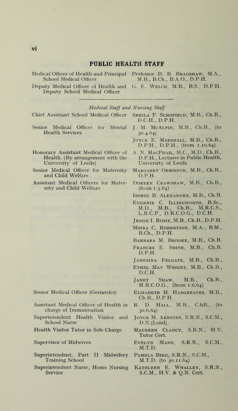 PUBLIC HEALTH STAFF Medical Officer of Health and Principal Professor D. B. Bradshaw, M.A., School Medical Officer M.B., B.Ch., B.A.O., D.P.H. Deputy Medical Officer of Health and G. E. Welch, M.B., B.S., D.P.H. Deputy School Medical Officer Medical Staff and Chief Assistant School Medical Officer Senior Medical Officer for Mental Health Services Honorary Assistant Medical Officer of Health. (By arrangement with the University of Leeds) Senior Medical Officer for Maternity and Child Welfare Assistant Medical Officers for Mater¬ nity and Child Welfare Senior Medical Officer (Geriatrics) Assistant Medical Officer of Health in charge of Immunisation Superintendent Health Visitor and School Nurse Health Visitor Tutor in Sole Charge Supervisor of Midwives Superintendent, Part II Midwifery Training School Superintendent Nurse, Home Nursing Service Nursing Staff Sheila F. Schofield, M.B., Ch.B., D.C.H., D.P.H. J. M. McAlpin, M.B., Ch.B., (to 30.4.64) Joyce E. Marshall, M.B., Ch.B., D.P.H., D.P.M., (from 1.10.64) A. N. MacPhail, M.C., M.D., Ch.B., D.P.H., Lecturer in Public Health, University of Leeds Margaret Ormiston, M.B., Ch.B., D.P.H. Doreen Crawshaw, M.B., Ch.B., (from 1.5.64) Isobel B. Alexander, M.B., Ch.B. Eugenie C. Illingworth, B.Sc., M.D., M.B., Ch.B., M.R.C.S., L. R.C.P., D.R.C.O.G., D.C.H. Jessie I. Rosie, M.B., Ch.B., D.P.H. Moira C. Robertson, M.A., B.M., B.Ch., D.P.H. Barbara M. Brooke, M.B., Ch.B. Frances E. Smith, M.B., Ch.B. D.P.H. Jamesina Felgate, M.B., Ch.B., Ethel May Wright, M.B., Ch.B., D.C.H. Janet Shaw, M.B., Ch.B., M. R.C.O.G., (from 1.6.64) Elizabeth M. Hargreaves, M.B., Ch.B., D.P.H. R. D. Hall, M.B., C.hB., (to 30.6.64) Joyce M. Akester, S.R.N., S.C.M., D.N.(Lond). Maureen Clancy, S.R.N., H.V. Tutor Cert. Evelyn Mann, S.R.N., S.C.M., M.T.D. Pamela Bird, S.R.N., S.C.M., M.T.D. (to 30.11.64) Kathleen E. Whalley, S.R.N., S.C.M., H.V. & Q.N. Cert.