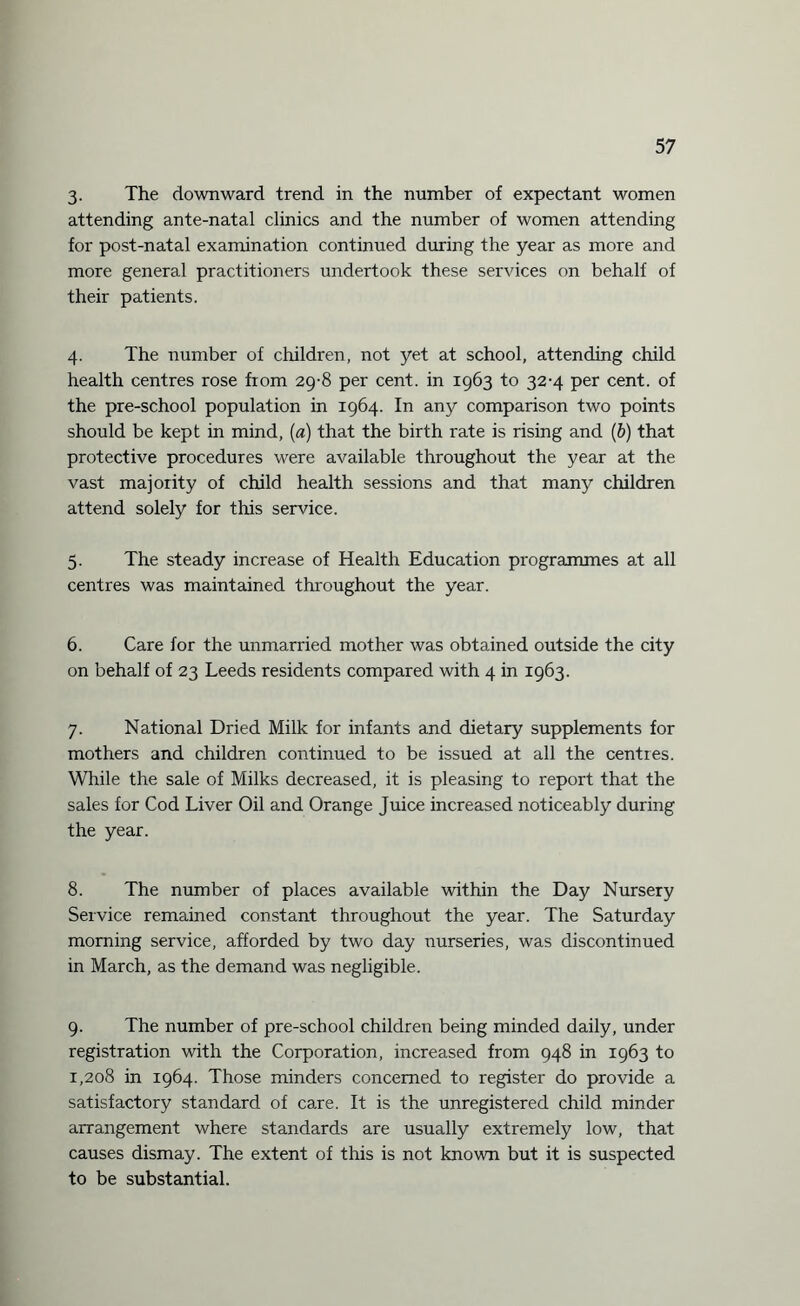 3- The downward trend in the number of expectant women attending ante-natal clinics and the number of women attending for post-natal examination continued during the year as more and more general practitioners undertook these services on behalf of their patients. 4. The number of children, not yet at school, attending child health centres rose from 29-8 per cent, in 1963 to 32-4 per cent, of the pre-school population in 1964. In any comparison two points should be kept in mind, (a) that the birth rate is rising and (b) that protective procedures were available throughout the year at the vast majority of child health sessions and that many children attend solely for this service. 5. The steady increase of Health Education programmes at all centres was maintained throughout the year. 6. Care for the unmarried mother was obtained outside the city on behalf of 23 Leeds residents compared with 4 in 1963. 7. National Dried Milk for infants and dietary supplements for mothers and children continued to be issued at all the centres. While the sale of Milks decreased, it is pleasing to report that the sales for Cod Liver Oil and Orange Juice increased noticeably during the year. 8. The number of places available within the Day Nursery Service remained constant throughout the year. The Saturday morning service, afforded by two day nurseries, was discontinued in March, as the demand was negligible. 9. The number of pre-school children being minded daily, under registration with the Corporation, increased from 948 in 1963 to 1,208 in 1964. Those minders concerned to register do provide a satisfactory standard of care. It is the unregistered child minder arrangement where standards are usually extremely low, that causes dismay. The extent of this is not known but it is suspected to be substantial.