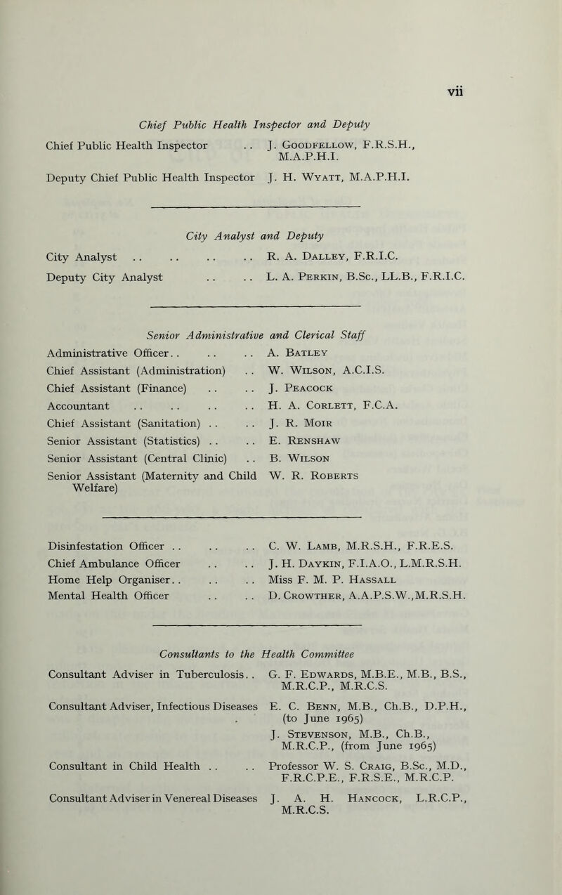 Chief Public Health Inspector and Deputy Chief Public Health Inspector .. J. Goodfellow, F.R.S.H., M.A.P.H.I. Deputy Chief Public Health Inspector J. H. Wyatt, M.A.P.H.I. City Analyst and Deputy City Analyst R. A. Dalley, F.R.I.C. Deputy City Analyst L. A. Perkin, B.Sc., LL.B., F.R.I.C. Senior A dministrative and Clerical Staff Administrative Officer. . A. Batley Chief Assistant (Administration) W. Wilson, A.C.I.S. Chief Assistant (Finance) J. Peacock Accountant H. A. Corlett, F.C.A. Chief Assistant (Sanitation) . . J. R. Moir Senior Assistant (Statistics) . . E. Ren shaw Senior Assistant (Central Clinic) B. Wilson Senior Assistant (Maternity and Child Welfare) W. R. Roberts Disinfestation Officer .. C. W. Lamb, M.R.S.H., F.R.E.S. Chief Ambulance Officer J. H. Daykin, F.I.A.O., L.M.R.S.H. Home Help Organiser. . Miss F. M. P. Hassall Mental Health Officer D. Crowther, A.A.P.S.W.,M.R.S.H. Consultants to the Health Committee Consultant Adviser in Tuberculosis. . Consultant Adviser, Infectious Diseases Consultant in Child Health G. F. Edwards, M.B.E., M.B., B.S., M.R.C.P., M.R.C.S. E. C. Benn, M.B., Ch.B., D.P.H., (to June 1965) J. Stevenson, M.B., Ch.B., M.R.C.P., (from June 1965) Professor W. S. Craig, B.Sc., M.D., F.R.C.P.E., F.R.S.E., M.R.C.P. J. A. H. Hancock, L.R.C.P., M.R.C.S. Consultant Adviser in Venereal Diseases