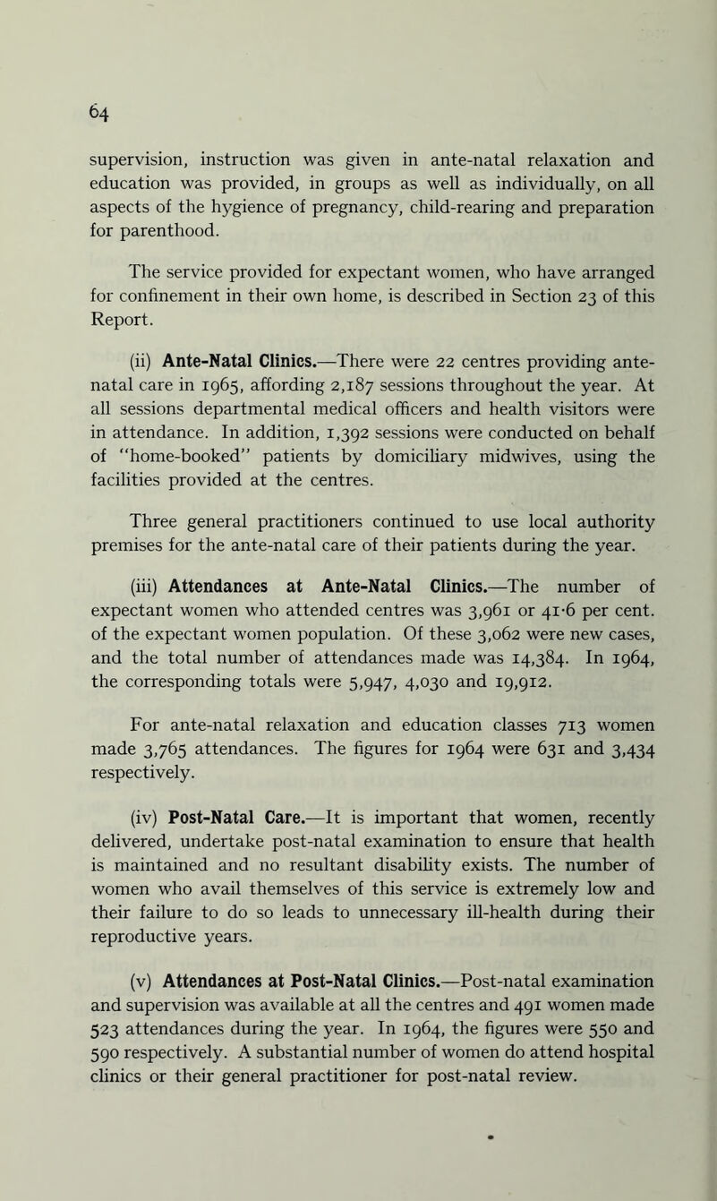 education was provided, in groups as well as individually, on all aspects of the hygience of pregnancy, child-rearing and preparation for parenthood. The service provided for expectant women, who have arranged for confinement in their own home, is described in Section 23 of this Report. (ii) Ante-Natal Clinics.—There were 22 centres providing ante¬ natal care in 1965, affording 2,187 sessions throughout the year. At all sessions departmental medical officers and health visitors were in attendance. In addition, 1,392 sessions were conducted on behalf of “home-booked” patients by domiciliary midwives, using the facilities provided at the centres. Three general practitioners continued to use local authority premises for the ante-natal care of their patients during the year. (iii) Attendances at Ante-Natal Clinics.—The number of expectant women who attended centres was 3,961 or 41-6 per cent, of the expectant women population. Of these 3,062 were new cases, and the total number of attendances made was 14,384. In 1964, the corresponding totals were 5,947, 4,030 and 19,912. For ante-natal relaxation and education classes 713 women made 3,765 attendances. The figures for 1964 were 631 and 3,434 respectively. (iv) Post-Natal Care.—It is important that women, recently delivered, undertake post-natal examination to ensure that health is maintained and no resultant disability exists. The number of women who avail themselves of this service is extremely low and their failure to do so leads to unnecessary ill-health during their reproductive years. (v) Attendances at Post-Natal Clinics.—Post-natal examination and supervision was available at all the centres and 491 women made 523 attendances during the year. In 1964, the figures were 550 and 590 respectively. A substantial number of women do attend hospital clinics or their general practitioner for post-natal review.