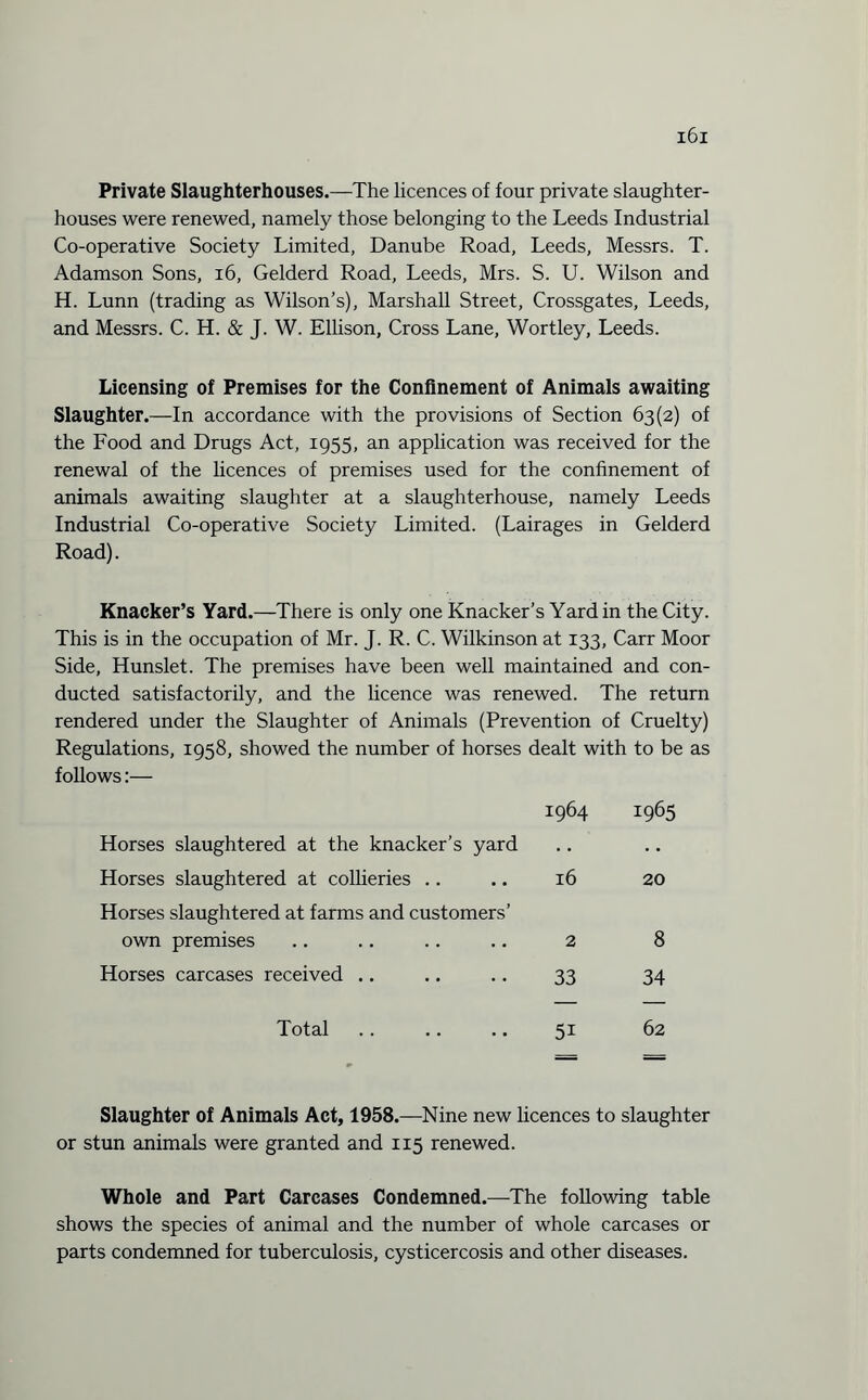 Private Slaughterhouses.—The licences of four private slaughter¬ houses were renewed, namely those belonging to the Leeds Industrial Co-operative Society Limited, Danube Road, Leeds, Messrs. T. Adamson Sons, 16, Gelderd Road, Leeds, Mrs. S. U. Wilson and H. Lunn (trading as Wilson’s), Marshall Street, Crossgates, Leeds, and Messrs. C. H. & J. W. Ellison, Cross Lane, Wortley, Leeds. Licensing of Premises for the Confinement of Animals awaiting Slaughter.—In accordance with the provisions of Section 63(2) of the Food and Drugs Act, 1955, an application was received for the renewal of the licences of premises used for the confinement of animals awaiting slaughter at a slaughterhouse, namely Leeds Industrial Co-operative Society Limited. (Lairages in Gelderd Road). Knacker’s Yard.—There is only one Knacker’s Yard in the City. This is in the occupation of Mr. J. R. C. Wilkinson at 133, Carr Moor Side, Hunslet. The premises have been well maintained and con¬ ducted satisfactorily, and the licence was renewed. The return rendered under the Slaughter of Animals (Prevention of Cruelty) Regulations, 1958, showed the number of horses dealt with to be as follows:— Horses slaughtered at the knacker’s yard 1964 1965 Horses slaughtered at collieries 16 20 Horses slaughtered at farms and customers’ own premises 2 8 Horses carcases received .. 33 34 Total 5i 62 Slaughter of Animals Act, 1958.—Nine new licences to slaughter or stun animals were granted and 115 renewed. Whole and Part Carcases Condemned.—The following table shows the species of animal and the number of whole carcases or parts condemned for tuberculosis, cysticercosis and other diseases.