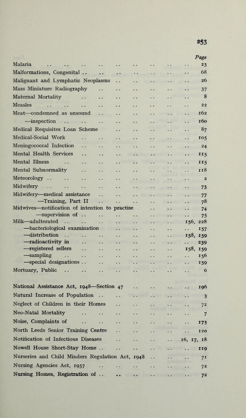 *53 Page Malaria .. .. .. .. .. .. .. .. .. 23 Malformations, Congenital .. .. .. .. .. • • 68 Malignant and Lymphatic Neoplasms . . . . .. .. .. 26 Mass Miniature Radiography .. .. .. .. .. .. 37 Maternal Mortality .. .. .. .. .. . . .. 8 Measles .. .. .. .. .. .. .. .. .. 22 Meat—condemned as unsound .. . . .. .. . . . . 162 —inspection .. .. .. .. .. .. .. .. 160 Medical Requisites Loan Scheme .. .. .. .. .. 87 Medical-Social Work .. .. .. .. .. .. .. 105 Meningococcal Infection .. .. .. .. .. .. .. 24 Mental Health Services .. .. .. .. .. .. .. 115 Mental Illness .. .. .. .. .. .. .. .. 115 Mental Subnormality .. .. .. .. .. .. .. 118 Meteorology .. .. .. .. .. .. .. .. .. 2 Midwifery . . .. .. .. .. .. .. .. . . 73 Midwifery—medical assistance .. .. .. .. .. .. 77 —Training, Part II .. .. .. .. .. .. 78 Midwives—notification of intention to practise .. .. .. 74 —supervision of .. .. .. .. .. .. .. 75 Milk—adulterated .. . . . . .. .. .. . . 156, 228 —bacteriological examination . . . . . . .. .. 157 —distribution . . .. .. .. .. .. .. 158, 159 —radioactivity in .. .. .. .. .. .. .. 239 —registered sellers .. .. .. .. .. .. 158, 159 —sampling .. .. .. .. .. .. .. .. 156 —special designations .. .. .. .. .. .. .. 159 Mortuary, Public .. .. .. .. .. .. .. .. 6 National Assistance Act, 1948—Section 47 .. .. .. .. 196 Natural Increase of Population .. .. .. .. .. .. 3 Neglect of Children in their Homes .. .. .. .. .. 72 Neo-Natal Mortality .. .. .. .. .. .. .. 7 Noise, Complaints of .. .. .. .. .. .. .. 173 North Leeds Senior Training Centre .. .. .. .. .. 120 Notification of Infectious Diseases .. .. .. .. 16, 17, 18 Nowell House Short-Stay Home .. .. .. .. .. .. 119 Nurseries and Child Minders Regulation Act, 1948 .. .. .. 71 Nursing Agencies Act, 1957 .. .. .. .. .. .. 72 Nursing Homes, Registration of .. .. .. .. .. .. 72