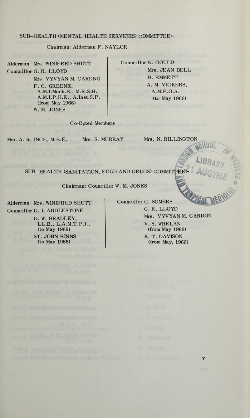SUB-HEALTH (MENTAL HEALTH SERVICES) COMMITTEE Chairman: Alderman F. NAYLOR Alderman Mrs. WINIFRED SHUTT Councillor G. R. LLOYD Mrs. VYVYAN M. CARDNO F. C. GREENE, A.M.I.Mech.E., M.R.S.H. A.M.I.P.H.E., A.Inst.S.P. (from May 1966) W. M. JONES Councillor K. GOULD Mrs. JEAN BELL B. EMMETT A. M. VICKERS, A.M.P.O.A. (to May 1966) Co-Opted Members Mrs. A. R. EMCE, M.B.E. Mrs. S. MURRAY Mrs. N. BILLINGTON SUB-HEALTH (SANITATION, FOOD AND DRUGS) C Chairman: Councillor W. M. JONES Alderman Mrs. WINIFRED SHUTT Councillor G. SOMERS Councillor G. I. ADDLESTONE D. W. BRADLEY, LL.B., L.A.M.T.P.I., (to May 1966) ST. JOHN BINNS (to May 1966) G. R. LLOYD Mrs. VYVYAN M. CARDON V. S. WHELAN (from May 1966) K. T. DAVISON (from May, 1966)