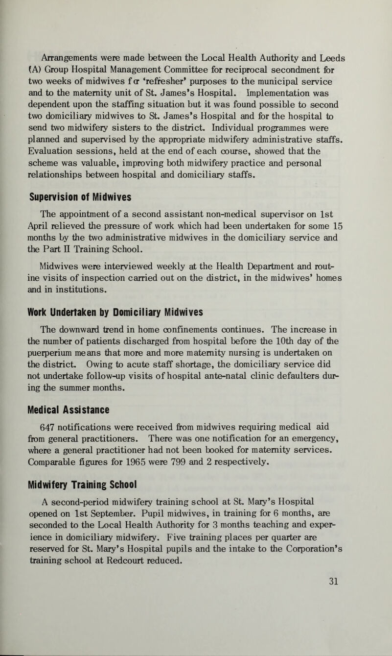 Arrangements were made between the Local Health Authority and Leeds (A) Group Hospital Management Committee for reciprocal secondment for two weeks of midwives f cr ‘refresher’ purposes to the municipal service and to the maternity unit of St. James’s Hospital. Implementation was dependent upon the staffing situation but it was found possible to second two domiciliary midwives to St. James’s Hospital and for the hospital to send two midwifery sisters to the district. Individual programmes were planned and supervised by the appropriate midwifery administrative staffs. Evaluation sessions, held at the end of each course, showed that the scheme was valuable, improving both midwifery practice and personal relationships between hospital and domiciliary staffs. Supervision of Midwives The appointment of a second assistant non-medical supervisor on 1st April relieved the pressure of work which had been undertaken for some 15 months by the two administrative midwives in the domiciliary service and the Part II Training School. Midwives were interviewed weekly at the Health Department and rout¬ ine visits of inspection carried out on the district, in the midwives’ homes and in institutions. Work Undertaken by Domiciliary Midwives The downward trend in home confinements continues. The increase in the number of patients discharged from hospital before the 10th day of the puerperium means that more and more maternity nursing is undertaken on the district. Owing to acute staff shortage, the domiciliary service did not undertake follow-up visits of hospital ante-natal clinic defaulters dur¬ ing the summer months. Medical Assistance 647 notifications were received from midwives requiring medical aid from general practitioners. There was one notification for an emergency, where a general practitioner had not been booked for maternity services. Comparable figures for 1965 were 799 and 2 respectively. Midwifery Training School A second-period midwifery training school at St. Mary’s Hospital opened on 1st September. Pupil midwives, in training for 6 months, are seconded to the Local Health Authority for 3 months teaching and exper¬ ience in domiciliary midwifery. Five training places per quarter are reserved for St. Mary’s Hospital pupils and the intake to the Corporation’s training school at Redcourt reduced.