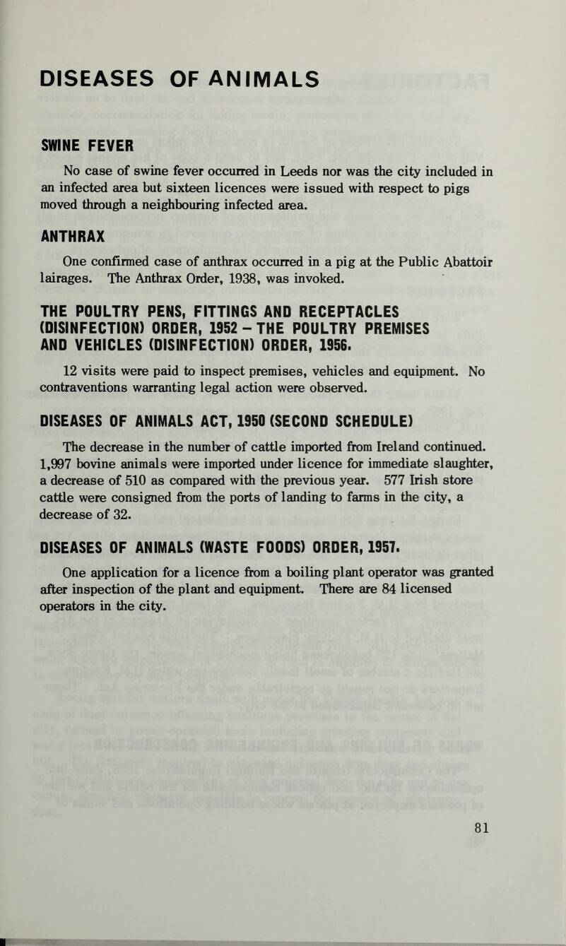 DISEASES OF ANIMALS SWINE FEVER No case of swine fever occurred in Leeds nor was the city included in an infected area but sixteen licences were issued with respect to pigs moved through a neighbouring infected area. ANTHRAX One confirmed case of anthrax occurred in a pig at the Public Abattoir lairages. The Anthrax Order, 1938, was invoked. THE POULTRY PENS, FITTINGS AND RECEPTACLES (DISINFECTION) ORDER, 1952 - THE POULTRY PREMISES AND VEHICLES (DISINFECTION) ORDER, 1956. 12 visits were paid to inspect premises, vehicles and equipment. No contraventions warranting legal action were observed. DISEASES OF ANIMALS ACT, 1950 (SECOND SCHEDULE) The decrease in the number of cattle imported from Ireland continued. 1,997 bovine animals were imported under licence for immediate slaughter, a decrease of 510 as compared with the previous year. 577 Irish store cattle were consigned from the ports of landing to farms in the city, a decrease of 32. DISEASES OF ANIMALS (WASTE FOODS) ORDER, 1957. One application for a licence from a boiling plant operator was granted after inspection of the plant and equipment. There are 84 licensed operators in the city.