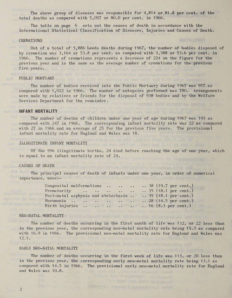 The above group of diseases was responsible for 4,814 or 81 .8 per cent, of the total deaths as compared with 5,057 or 80.0 per cent, in 1966. The table on page 6 sets out the causes of death in accordance with the International Statistical Classification of Diseases, Injuries and Causes of Death. CREMATIONS Out of a total of 5,886 Leeds deaths during 1967, the number of bodies disposed of by cremation was 3,164 or 53.8 per cent, as compared with 3,388 or 53.6 per cent, in 1966. The number of cremations represents a decrease of 224 on the figure for the previous year and is the same as the average number of cremations for the previous five years. PUBLIC MORTUARY The number of bodies received into the Public Mortuary during 1967 was 957 as compared with 1,022 in 1966. The number of autopsies performed was 780. Arrangements were made by relatives or friends for the disposal of 938 bodies and by the Welfare Services Department for the remainder. INFANT MORTALITY The number of deaths of children under one year of age during 1967 was 193 as compared with 247 in 1966. The corresponding infant mortality rate was 22 as compared with 27 in 1966 and an average of 25 for the previous five years. The provisional infant mortality rate for England and Wales was 18. ILLEGITIMATE INFANT MORTALITY Of the 996 illegitimate births, 24 died before reaching the age of one year, which is equal to an infant mortality rate of 24. CAUSES OF DEATH The principal causes of death of infants under one year, in order of numerical importance, were:- Congenital malformations . 38 (19.7 per cent.) Prematurity . 35 (18.1 per cent.) Post-natal asphyxia and atelectasis .. .. 35 (18.1 per cent.) Pneumonia . 28 (14.5 per cent.) Birth injuries.16 (8.3 per cent.) NEO-NATAL MORTALITY The number of deaths occurring in the first month of life was 132, or 22 less than in the previous year, the corresponding neo-natal mortality rate being 15.3 as compared with 16.9 in 1966. The provisional neo-natal mortality rate for England and Wales was 12.5. EARLY NEO-NATAL MORTALITY The number of deaths occurring in the first week of life was 113, or 20 less ihan in the previous year, the corresponding early neo-natal mortality rate being 13.1 as compared with 14.5 in 1966. The provisional early neo-natal mortality rate for England and Wales was 10.8.