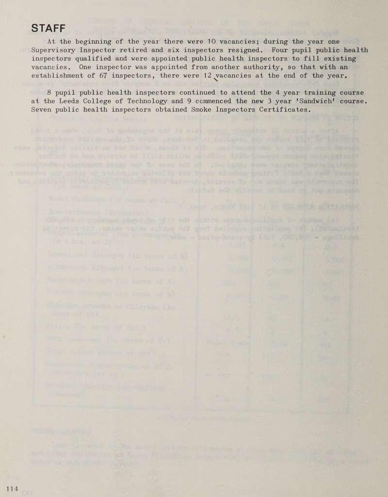 STAFF At the beginning of the yeai' there were 10 vacancies; during the year one Supervisory Inspector retired and six inspectors resigned. Four pupil public health inspectors qualified and were appointed public health inspectors to fill existing vacancies. One inspector was appointed from another authority, so that with an establishment of 67 inspectors, there were 12^acancies at the end of the year. 8 pupil public health inspectors continued to attend the 4 year training course at the Leeds College of Technology and 9 commenced the new 3 year ’Sandwich' course. Seven public health inspectors obtained Smoke Inspectors Certificates.