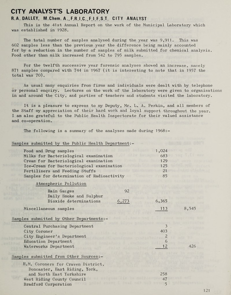 CITY ANALYST’S LABORATORY R.A.DALLEY, M.Chem. AF.R.I.C.,F.I.F.S.T, CITY ANALYST This is the 41st Annual Report on the work of the Municipal Laboratory which was established in 1928. The total number of samples analysed during the year was 9,911. This was 602 samples less than the previous year the difference being mainly accounted for by a reduction in the number of samples of milk submitted for chemical analysis. Food other than milk increased from 542 to 795 samples. For the twelfth successive year forensic analyses showed an increase, namely 871 samples compared with 744 in 1967 (it is interesting to note that in 1957 the total was 70). As usual many enquiries from firms and individuals were dealt with by telephone or personal enquiry. Lectures on the work of the laboratory were given to organisations in and around the City, and parties of teachers and students visited the laboratory. It is a pleasure to express to iity Deputy, Mr. L. A. Perkin, and all members of the Staff my appreciation of their hard work and loyal support throughout the year. I am also grateful to the Public Health Inspectorate for their valued assistance and co-operation. The following is a summary of the analyses made during 1968;- Samples submitted by the Public Health Department Food and Drug samples Milks for Bacteriological examination Creami for Bacteriological examination Ice-Cream for Bacteriological examination Fertilisers and Feeding Stuffs Samples for determination of Radioactivity Atmospheric Pollution Rain Gauges 92 Daily Smoke and Sulphur Dioxide determinations 6,273 Miscellaneous samples Samples submitted by Other Departments;- Central Purchasing Department City Coroner City Engineer's Department Education Department Waterworks Department Samples submitted from Other Sources;- H.M. Coroners for Craven District, Doncaster, East Riding, York, and North East Yorkshire West Riding County Council Bradford Corporation 1 ,024 683 129 125 21 85 6,365 113 8,545 3 403 2 6 12 426 258 47 5