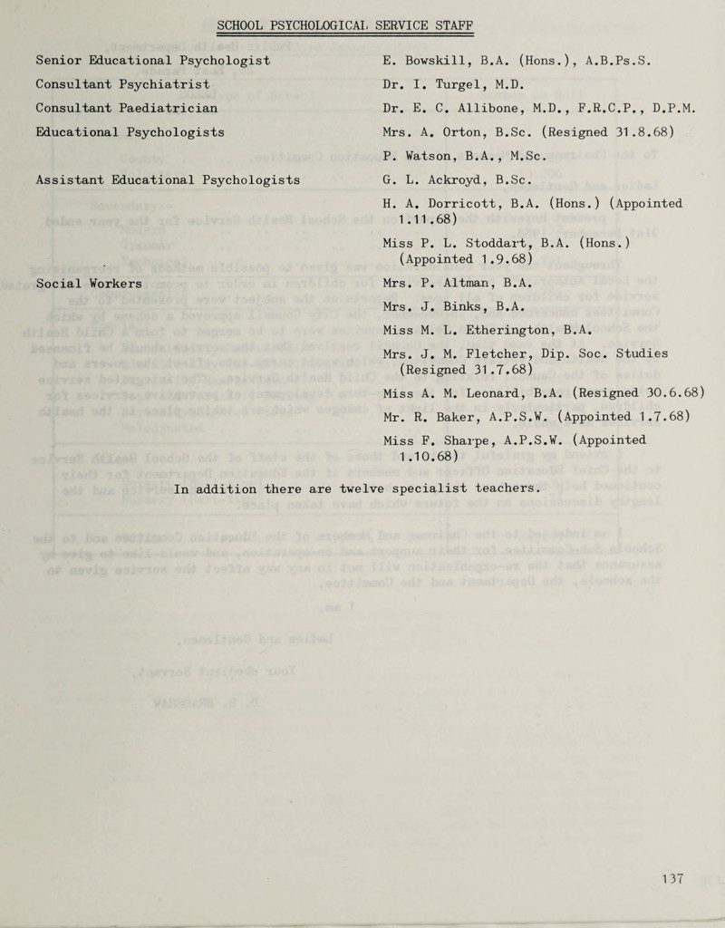 SCHOOL PSYCHOLOGICAL SERVICE STAFF Senior Educational Psychologist E. Bowskill, B.A. (Hons.), A.B.Ps.S. Consultant Psychiatrist Dr. I, Turgel, M.D. Consultant Paediatrician Dr. E. C. Allibone, M.D., F.R.C.P., D.P.M. Educational Psychologists Mrs. A. Orton, B.Sc. (Resigned 31.8.68) P. Watson, B.A., M.Sc. Assistant Educational Psychologists G. L. Ackroyd, B.Sc. H. A. Dorricott, B.A. (Hons.) (Appointed 1.11.68) Miss P. L. Stoddart, B.A. (Hons.) (Appointed 1.9.68) Social Workers Mrs. P. Altman, B.A. Mrs. J. Binks, B.A. Miss M. L. Etherington, B.A. Mrs. J. M. Fletcher, Dip. Soc. Studies (Resigned 31.7.68) Miss A. M. Leonard, B.A. (Resigned 30.6.68) Mr. R. Baker, A.P.S.W. (Appointed 1.7.68) Miss F. Sharpe, A.P.S.W. (Appointed 1.10.68) In addition there are twelve specialist teachers.