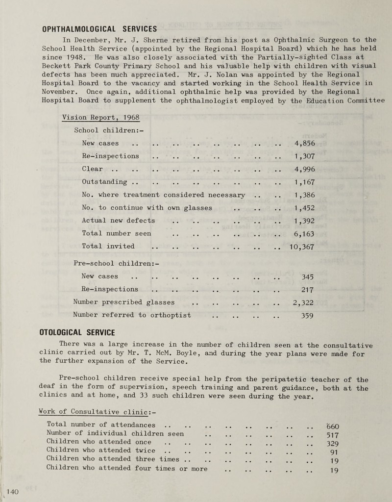 OPHTHALMOLOGiCAL SERVICES In December, Mr, J, Sherne retired from his post as Ophthalmic Surgeon to the School Health Service (appointed by the Regional Hospital Board) which he has held since 1948. He was also closely associated with the Partially-sighted Class at Beckett Park County Primary School and his valuable help with children with visual defects has been much appreciated. Mr. J. Nolan was appointed by the Regional Hospital Board to the vacancy and started working in the School Health Service in November. Once again, additional ophthalmic help was provided by the Regional Hospital Board to supplement the ophthalmologist employed by the Education Committee Vision Report, 1968 School children:- New cases . 4,856 Re-inspections . 1 ,307 Clear. 4,996 Outstanding. 1,167 No. where treatment considered necessary .. .. 1,386 No. to continue with own glasses . 1 ,452 Actual new defects . 1 ,392 Total number seen . 6,163 Total invited . 10,367 Pre-school children:- New cases . 345 Re-inspections . 217 Number prescribed glasses . 2,322 Number referred to orthoptist . 359 OTOLOGiCAL SERVICE There was a large increase in the number of children seen at the consultative clinic carried out by Mr. T. McM. Boyle, and during the year plans were made for the further expansion of the Service. Pre-school children receive special help from the peripatetic teacher of the deaf in the form of supervision, speech training and parent guidance, both at the clinics and at home, and 33 such children were seen during the Vork of Consultative clinic:- Total number of attendances . Number of individual children seen . Children who attended once . Children who attended twice . Children who attended three times . Children who attended four times or more '^ear, '660 517 329 91 19 19