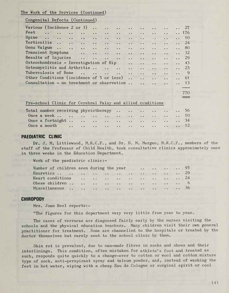 The Work of the Services (Continued) Congenital Defects (Continued) Various (Incidence 2 or 3).27 Feet .176 Spine .10 Torticollis.24 Genu Valgum.80 Transient Symptoms . 32 Results of Injuries .29 Osteochondrosis - Investigation of Hip . 43 Osteonyelitis and Arthritis.23 Tuberculosis of Bone . 9 Other Conditions (incidence of 5 or less).61 Consultation - no treatment or observation . 13 770 Pre-school Clinic for Cerebral Palsy and allied conditions Total number receiving physiotherapy .. 56 Once a week .. • • •• •« •• » • • • • • • • .. 10 Once a fortnight .. • • •• •• •• • • • • • • • • . . 34 Once £i rnorifc}i. • « • • •• •• •• • • • • • • . . 12 PAEDIATRIC CLINIC Dr. J. M. Littlewood, M.R.C.P., and Dr. D. M. Morgan, M.R.C.P., members of the staff of the Professor of Child Health, took consultative clinics approximately once in three weeks in the Education Department. Work of the paediatric clinic Number of children seen during the year .95 Enuretics .. .. .. .. .. .. .. .. .. .. .. 29 Heart conditions .. .. .. .. .. .. .. .• •. 24 Obese children .. .. .. .. . . . . . . . . . . . . 6 Miscellaneous .. .. .. .. .. .. .. .. .. •• 36 CHIROPODY Mrs. Joan Beel reports The figures for this department vary very little from year to year. The cases of verrucae are diagnosed fairly early by the nurses visiting the schools and the physical education teachers. Many children visit their ovm general practitioner for treatment. Some are channelled to the hospitals or treated by the doctor themselves but rarely sent to the school clinic by them. Skin rot is prevalent, due to man-made fibres in socks and shoes and their interlinings. This condition, often mistaken for athlete's foot and treated as such, responds quite quickly to a change-over to cotton or wool and cotton mixture type of sock, anti-perspirant spray and talcum powder, and, instead of washing the feet in hot water, wiping with a cheap Eau de Cologne or surgical spirit or cool