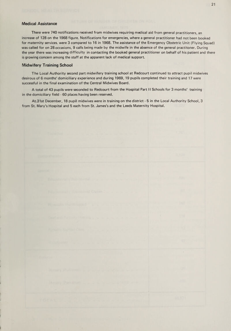 Medical Assistance There were 740 notifications received from midwives requiring medical aid from general practitioners, an increase of 128 on the 1968 figure. Notifications for emergencies, where a general practitioner had not been booked for maternity services, were 3 compared to 16 in 1968. The assistance of the Emergency Obstetric Unit (Flying Squad) was called for on 28 occasions, 9 calls being made by the midwife in the absence of the general practitoner. During the year there was increasing difficulty in contacting the booked general practitioner on behalf of his patient and there is growing concern among the staff at the apparent lack of medical support. Midwifery Training School The Local Authority second part midwifery training school at Redcourt continued to attract pupil midwives desirous of 6 months' domiciliary experience and during 1969, 19 pupils completed their training and 17 were successful in the final examination of the Central Midwives Board. A total of 43 pupils were seconded to Redcourt from the Hospital Part II Schools for 3 months' training in the domiciliary field - 60 places having been reserved. AtJBIst December, 18 pupil midwives were in training on the district - 5 in the Local Authority School, 3 from St. Mary's Hospital and 5 each from St. James's and the Leeds Maternity Hospital.