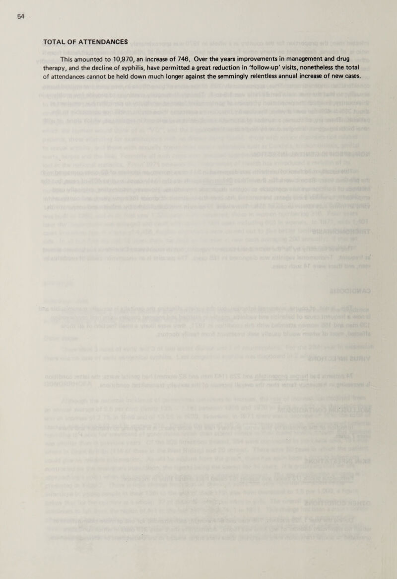 TOTAL OF ATTENDANCES This amounted to 10,970, an increase of 746. Over the years improvements in management and drug therapy, and the decline of syphilis, have permitted a great reduction in 'follow-up' visits, nonetheless the total of attendances cannot be held down much longer against the semmingly relentless annual increase of new cases.