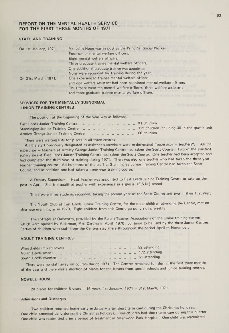 REPORT ON THE MENTAL HEALTH SERVICE FOR THE FIRST THREE MONTHS OF 1971 STAFF AND TRAINING On 1st January, 1971. Mr. John Hope was in post as the Principal Social Worker Four senior mental welfare officers. Eight mental welfare officers. Three graduate trainee mental welfare officers. One additional graduate trainee was appointed. None were seconded for training during the year. On 31st March, 1971. One experienced trainee mental welfare officer and one welfare assistant had been appointed mental welfare officers. Thus there were ten mental welfare officers, three welfare assistants and three graduate trainee mental welfare officers. SERVICES FOR THE MENTALLY SUBNORMAL JUNIOR TRAINING CENTRES The position at the beginning of the year was as follows: — East Leeds Junior Training Centre . 91 children Stanningley Junior Training Centre . 125 children including 30 in the spastic unit. Armley Grange Junior Training Centre . 60 children There were waiting lists for places in all three centres. All the staff previously designated as assistant supervisors were re-designated supervisor - teachers. All the supervisor — teachers at Armley Grange Junior Training Centre had taken the Scott Course. Two of the assistant supervisors at East Leeds Junior Training Centre had taken the Scott Course. One teacher had been accepted and had completed the third year of training during 1971. There was also one teacher who had taken the three year teacher training course. All but three of the staff at Stanningley Junior Training Centre had taken the Scott Course, and in addition one had taken a three year training course. A Deputy Supervisor — Head Teacher was appointed to East Leeds Junior Training Centre to take up the post in April. She is a qualified teacher with experience in a special (E.S.N.) school. There were three students seconded, taking the second year of the Scott Course and two in their first year. The Youth Club at East Leeds Junior Training Centre, for the older children attending the Centre, met on alternate evenings, as in 1970. Eight children from this Centre go pony riding weekly. The cottages at Oakworth, provided by the Parent-Teacher Associations of the junior training centres, which were opened by Alderman, Mrs. Cardno in April, 1970 , continue to be used by the three Junior Centres. Parties of children with staff from the Centres stay there throughout the period April to November. ADULT TRAINING CENTRES Wheatfields (mixed sexes) . 92 attending North Leeds (men). 172 attending South Leeds (women). 61 attending There were no staff away on courses during 1971. The Centres remained full during the first three months of the year and there was a shortage of places for the leavers from special schools and junior training centres. NOWELL HOUSE 20 places for children 5 years — 16 years, 1st January, 1971 — 31st March, 1971. Admissions and Discharges Two children returned home early in January after short term care during the Christmas holidays. One child attended daily during the Christmas holidays. Two children had short term care during this quarter. One child was readmitted after a period of treatment in Meanwood Park Hospital. One child was readmitted