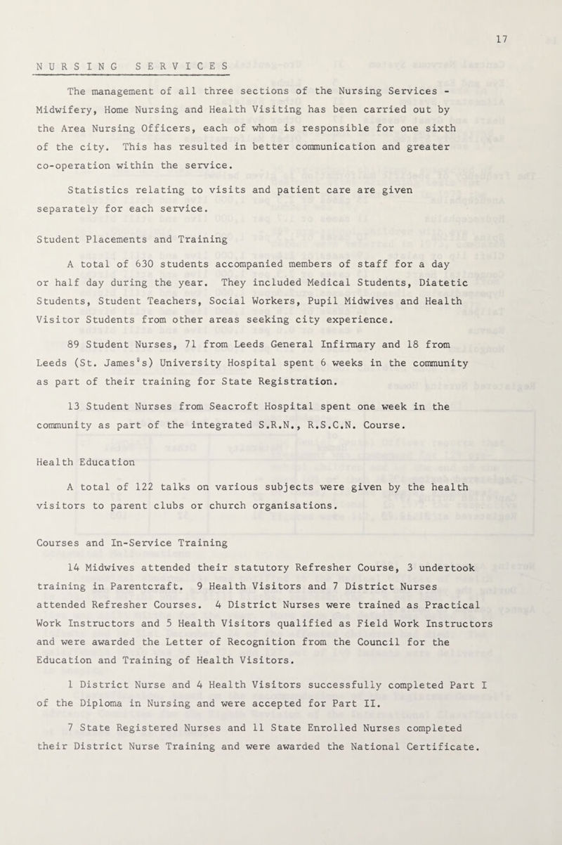 NURSING SERVICES The management of all three sections of the Nursing Services - Midwifery, Home Nursing and Health Visiting has been carried out by the Area Nursing Officers, each of whom is responsible for one sixth of the city. This has resulted in better communication and greater co-operation within the service. Statistics relating to visits and patient care are given separately for each service. Student Placements and Training A total of 630 students accompanied members of staff for a day or half day during the year. They included Medical Students, Diatetic Students, Student Teachers, Social Workers, Pupil Midwives and Health Visitor Students from other areas seeking city experience. 89 Student Nurses, 71 from Leeds General Infirmary and 18 from Leeds (St. James°s) University Hospital spent 6 weeks in the community as part of their training for State Registration. 13 Student Nurses from Seacroft Hospital spent one week in the community as part of the integrated S.R.N., R.S.C.N. Course. Health Education A total of 122 talks on various subjects were given by the health visitors to parent clubs or church organisations. Courses and In-Service Training 14 Midwives attended their statutory Refresher Course, 3 undertook training in Parentcraft. 9 Health Visitors and 7 District Nurses attended Refresher Courses. 4 District Nurses were trained as Practical Work Instructors and 5 Health Visitors qualified as Field Work Instructors and were awarded the Letter of Recognition from the Council for the Education and Training of Health Visitors. 1 District Nurse and 4 Health Visitors successfully completed Part I of the Diploma in Nursing and were accepted for Part II. 7 State Registered Nurses and 11 State Enrolled Nurses completed their District Nurse Training and were awarded the National Certificate.