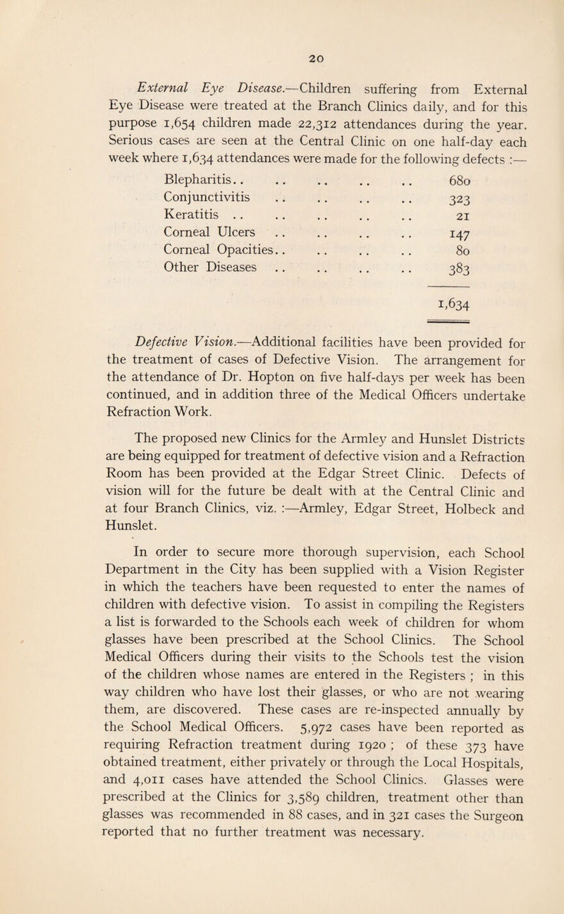 External Eye Disease.—Children suffering from External Eye Disease were treated at the Branch Clinics daily, and for this purpose 1,654 children made 22,312 attendances during the year. Serious cases are seen at the Central Clinic on one half-day each week where 1,634 attendances were made for the following defects :— Blepharitis. 680 Conjunctivitis .. .. . . .. 323 Keratitis .. .. .. . . .. 21 Corneal Ulcers .. .. .. . . 147 Corneal Opacities.. .. . . .. 80 Other Diseases .. . . . . .. 383 1.634 Defective Vision.—Additional facilities have been provided for the treatment of cases of Defective Vision. The arrangement for the attendance of Dr. Hopton on five half-days per week has been continued, and in addition three of the Medical Officers undertake Refraction Work. The proposed new Clinics for the Armley and Hunslet Districts are being equipped for treatment of defective vision and a Refraction Room has been provided at the Edgar Street Clinic. Defects of vision will for the future be dealt with at the Central Clinic and at four Branch Clinics, viz. :—Armley, Edgar Street, Holbeck and Hunslet. In order to secure more thorough supervision, each School Department in the City has been supplied with a Vision Register in which the teachers have been requested to enter the names of children with defective vision. To assist in compiling the Registers a list is forwarded to the Schools each week of children for whom glasses have been prescribed at the School Clinics. The School Medical Officers during their visits to the Schools test the vision of the children whose names are entered in the Registers ; in this way children who have lost their glasses, or who are not wearing them, are discovered. These cases are re-inspected annually by the School Medical Officers. 5,972 cases have been reported as requiring Refraction treatment during 1920 ; of these 373 have obtained treatment, either privately or through the Local Hospitals, and 4,011 cases have attended the School Clinics. Glasses were prescribed at the Clinics for 3,589 children, treatment other than glasses was recommended in 88 cases, and in 321 cases the Surgeon reported that no further treatment was necessary.