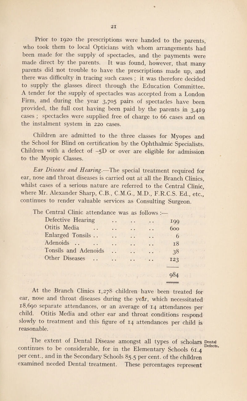 % Prior to 1920 the prescriptions were handed to the parents, who took them to local Opticians with whom arrangements had been made for the supply of spectacles, and the payments were made direct by the parents. It was found, however, that many parents did not trouble to have the prescriptions made up, and there was difficulty in tracing such cases ; it was therefore decided to supply the glasses direct through the Education Committee. A tender for the supply of spectacles was accepted from a London Firm, and during the year 3,705 pairs of spectacles have been provided, the full cost having been paid by the parents in 3,419 cases ; spectacles were supplied free of charge to 66 cases and on the instalment system in 220 cases. Children are admitted to the three classes for Myopes and the School for Blind on certification by the Ophthalmic Specialists. Children with a defect of -5D or over are eligible for admission to the Myopic Classes. Ear Disease and Hearing.—The special treatment required for ear, nose and throat diseases is carried out at all the Branch Clinics, whilst cases of a serious nature are referred to the Central Clinic, where Mr. Alexander Sharp, C.B., C.M.G., M.D., F.R.C.S. Ed., etc., continues to render valuable services as Consulting Surgeon. The Central Clinic attendance was as follows :— Defective Hearing . . . . .. 199 Otitis Media . . .. .. .. 600 Enlarged Tonsils .. .. .. .. 6 Adenoids .. . . .. .. .. 18 Tonsils and Adenoids . . .. .. 38 Other Diseases .. .. .. .. 12a 984 At the Branch Clinics 1,278 children have been treated for ear, nose and throat diseases during the ye&r, which necessitated 18,690 separate attendances, or an average of 14 attendances per child. Otitis Media and other ear and throat conditions respond slowly to treatment and this figure of 14 attendances per child is reasonable. The extent of Dental Disease amongst all types of scholars Dental continues to be considerable, for in the Elementary Schools 61.4 DefectJ per cent., and in the Secondary Schools 85.5 per cent, of the children examined needed Dental treatment. These percentages represent