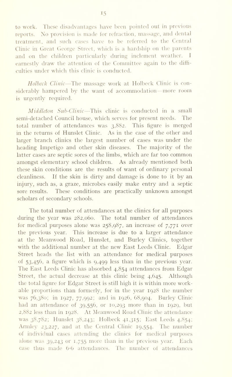 to work. These disadvantages have been pointed out in previous reports. No provision is made for refraction, massage, and dental treatment, and such cases have to be referred to the Central Clinic in Great George Street, which is a hardship on the parents and on the children particularly during inclement weather. I earnestly draw the attention of the Committee again to the diffi¬ culties under which this clinic is conducted. Holbcck Clinic—The massage work at Holbeck Clinic is con¬ siderably hampered by the want of accommodation more room is urgently required. Middleton Sub-Clinic—‘This clinic is conducted in a small semi-detached Council house, which serves for present needs. The total number of attendances was 3,882. This figure is merged in the returns of Hunslet Clinic. As in the case of the other and larger branch clinics the largest number of cases was under the heading Impetigo and other skin diseases. The majority of the latter cases are septic sores of the limbs, which are far too common amongst elementary school children. As already mentioned both these skin conditions are the results of want of ordinary personal cleanliness. If the skin is dirty and damage is done to it by an injury, such as, a graze, microbes easily make entry and a septic sore results. These conditions are practically unknown amongst scholars of secondary schools. The total number of attendances at the clinics for all purposes during the year was 282,060. The total number of attendances for medical purposes alone was 258,987, an increase of 7,771 over the previous year. This increase is due to a larger attendance at the Meanwood Road, Hunslet, and Burley Clinics, together with the additional number at the new East Leeds Clinic. Edgar Street heads the list with an attendance for medical purposes of 53,456, a figure which is 9,499 less than in the previous year. The East Leeds Clinic has absorbed 4,854 attendances from Edgar Street, the actual decrease at this clinic being 4,645. Although the total figure for Edgar Street is still high it is within more work¬ able proportions than formerly, for in the year 1928 the number was 76,380; in 1927, 77,992; and in 1926, 68,904. Burley Clinic had an attendance of 39,556, or 10,293 more than in 1929, but 2,882 less than in 1928. At Meanwood Road Clinic the attendance was 38,782; Hunslet 38,243; Holbeck 41,315; East Leeds 4,854; Armley 23,227, and at the Central Clinic 19,554. The number of individual cases attending the clinics for medical purposes alone was 39,243 or 1,755 more than in the previous year. Each case thus made 6-6 attendances. The number of attendances