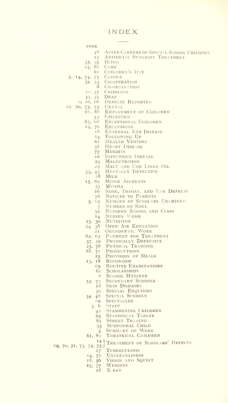 INDEX PAGE 48 23 33. 35 24, 86 61 5. i4» 74. 75 32. 33 8 21.37 33. 35 9, io, 66 19. 70. 73. 75 61, 88 33 67, 68 14. 76 15 14 61 38 77 10 25 29 33. 43 28 15. 69 57 16 76 5. (>5 7 52 25. 30 24. 38 21 62, 63 37. 50 25. 78 88, 71 25 13. 18 65 61 8 55- 72 18 59 34. 48 (.9 3. 6 42 65 89 33 5 61, 89 M 1.9, 70, 71, 73, 74, 75 17 14. 7i 18, 56 25. 77 18 After Careers of Special School Children Artificial Sunlight Treatment Blind Camp Children’s Day Clinics Co-operation Co-ordination Crippling Deaf Defects Reported Dental Employment of Children Epileptics Exceptional Children Exclusions External Eye Disease Following Up Health Visitors Heart Disease Heights Infectious Disease Malnutrition Malt and Cod Liver Oil Mentally Defective Milk Minor Ailments Myopia Nose, Throat, and Ear Defects Notices to Parents Number of Scholars Examined Number on Roll Nursery School and Class Nurses' Work Nutrition Open Air Education Orthopaedic Work Payment for Treatment Physically Defective Physical Training Prosecutions Provision of Meals Ringworm Routine Examinations Scholarships School Hygiene Secondary Schools Skin Diseases Special Enquiries Special Schools Spectacles Staff Stammering Children Statistical Tables Street Trading Subnormal Child Summary of Work Theatrical Children | Treatment of Scholars’ Defects Tuberculosis Uncleanliness Vision and Squint Weights X-ray
