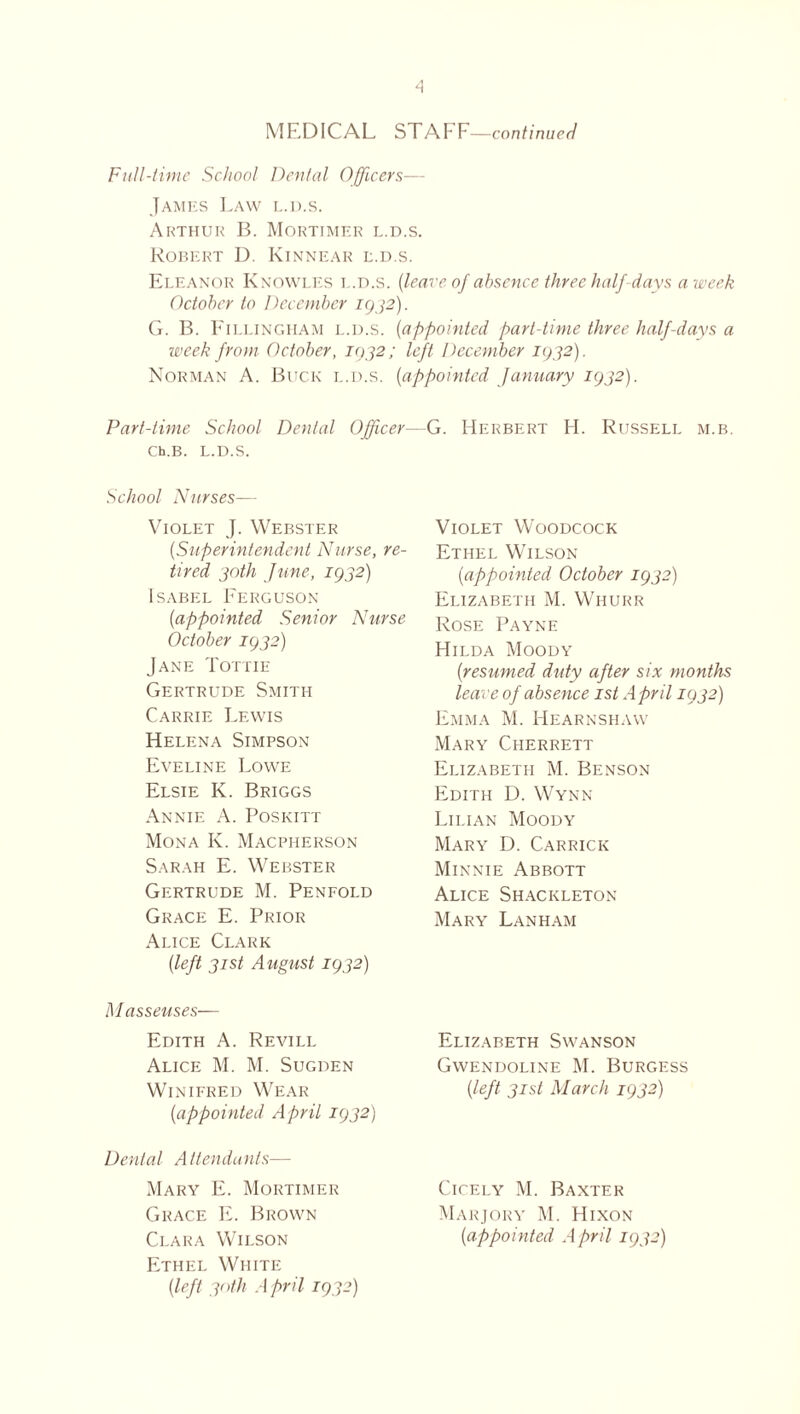 A MEDICAL STAFF—continued Full-time School Dental Officers— James Law l.d.s. Arthur B. Mortimer l.d.s. Robert D. Kinnear l.d.s. Eleanor Knowles l.d.s. (leave of absence three half days a week October to December 1932). G. B. Fillingham l.d.s. (appointed part-time three half-days a week from October, 1032; left December 1932). Norman A. Buck l.d.s. (appointed January 1932). Part-time School Dental Officer Ch.B. l.d.s. School Nurses— Violet J. Webster (Superintendent Nurse, re¬ tired 30th June, 1932) Isabel Ferguson (appointed Senior Nurse October 1932) Jane Tottie Gertrude Smith Carrie Lewis Helena Simpson Eveline Lowe Elsie K. Briggs Annie A. Poskitt Mona K. Macpherson Sarah E. Webster Gertrude M. Penfold Grace E. Prior Alice Clark (left 31st August 1932) M asseuses— Edith A. Revill Alice M. M. Sugden Winifred Wear (appointed April 1932) Dental A ttendunts— Mary E. Mortimer Grace E. Brown Clara Wilson Ethel White (left 30th April 1932) G. Herbert H. Russell m.b. Violet Woodcock Ethel Wilson (appointed October 1932) Elizabeth M. Wiiurr Rose Payne Hilda Moody (resumed duty after six months leave of absence 1st April 1932) Emma M. Hearnshaw Mary Cherrett Elizabeth M. Benson Edith D. Wynn Lilian Moody Mary D. Carrick Minnie Abbott Alice Shackleton Mary Lanham Elizabeth Swanson Gwendoline M. Burgess (left 31st March 1932) Cicely M. Baxter Marjory M. Hixon (appointed A pril 1932)